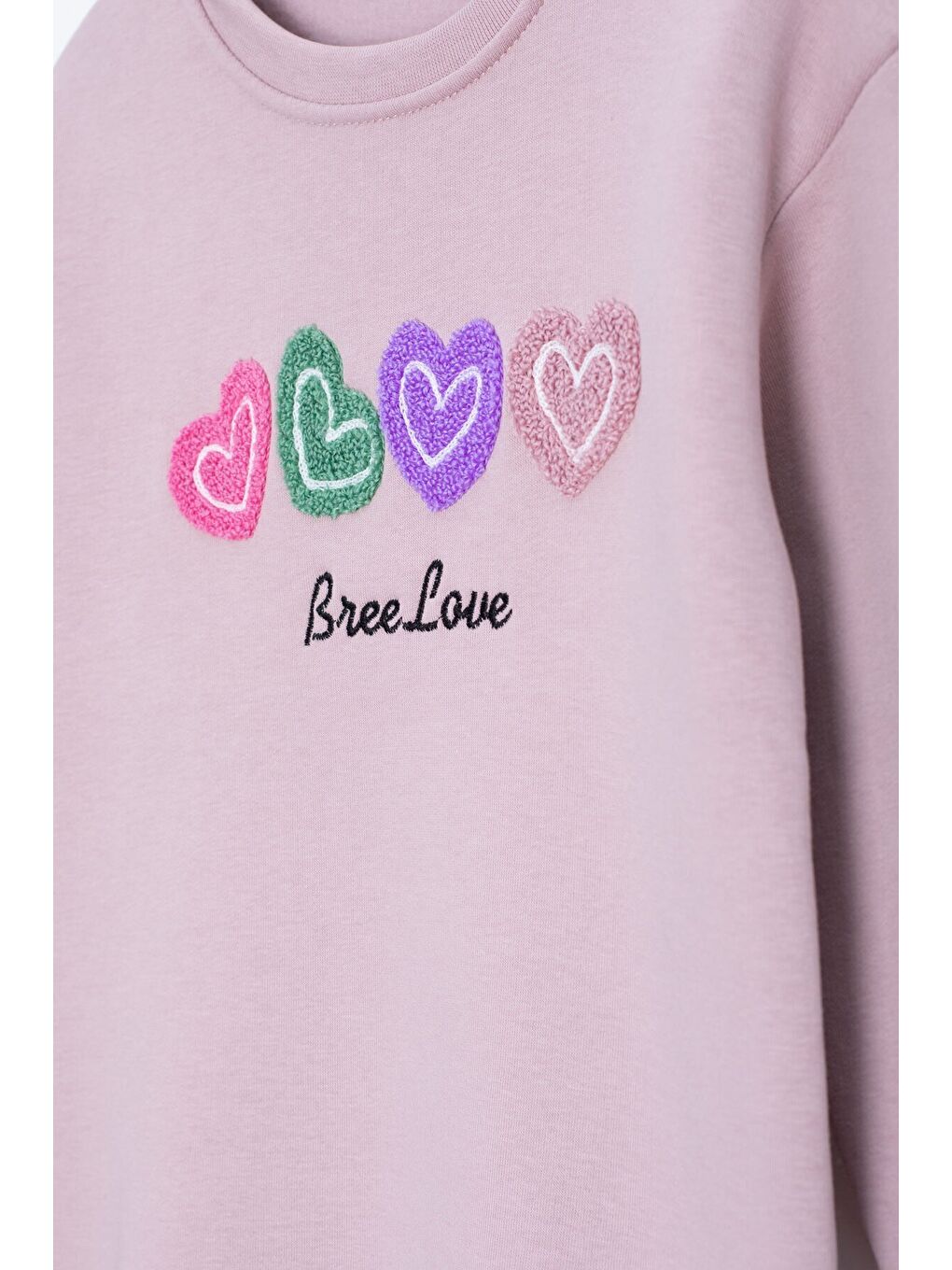 Pembe Somon Kalp Nakışlı Bisiklet Yaka Kız Çocuk Şardonlu Sweatshirt 23253-1
