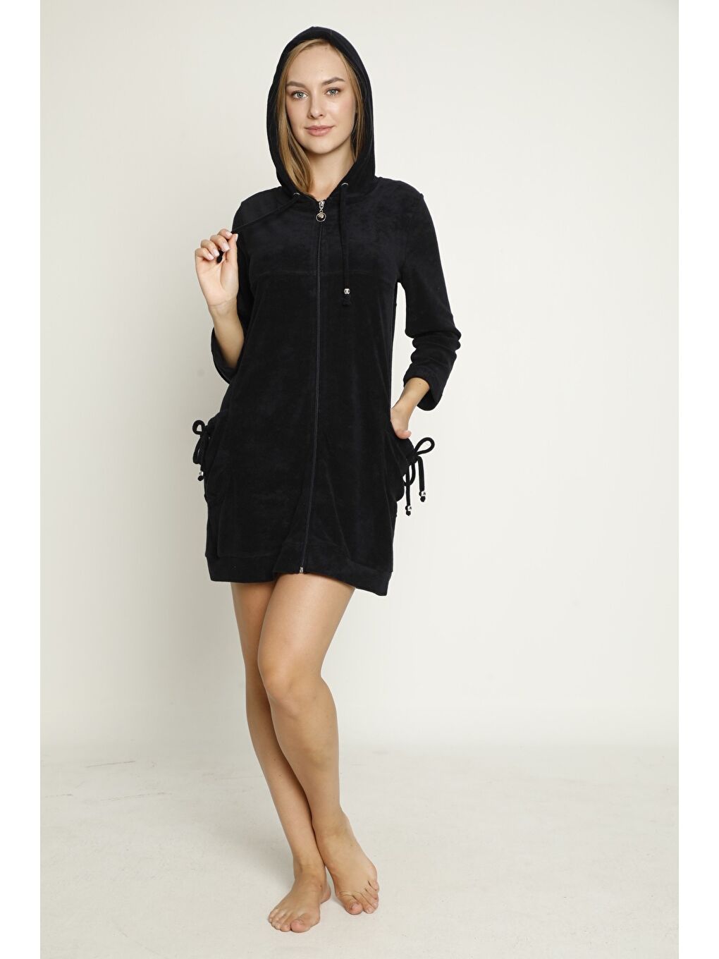 Lacivert Kapüşonlu Uzun Kollu Cepli Fermuarlı Pamuklu Kadife Elbise-6