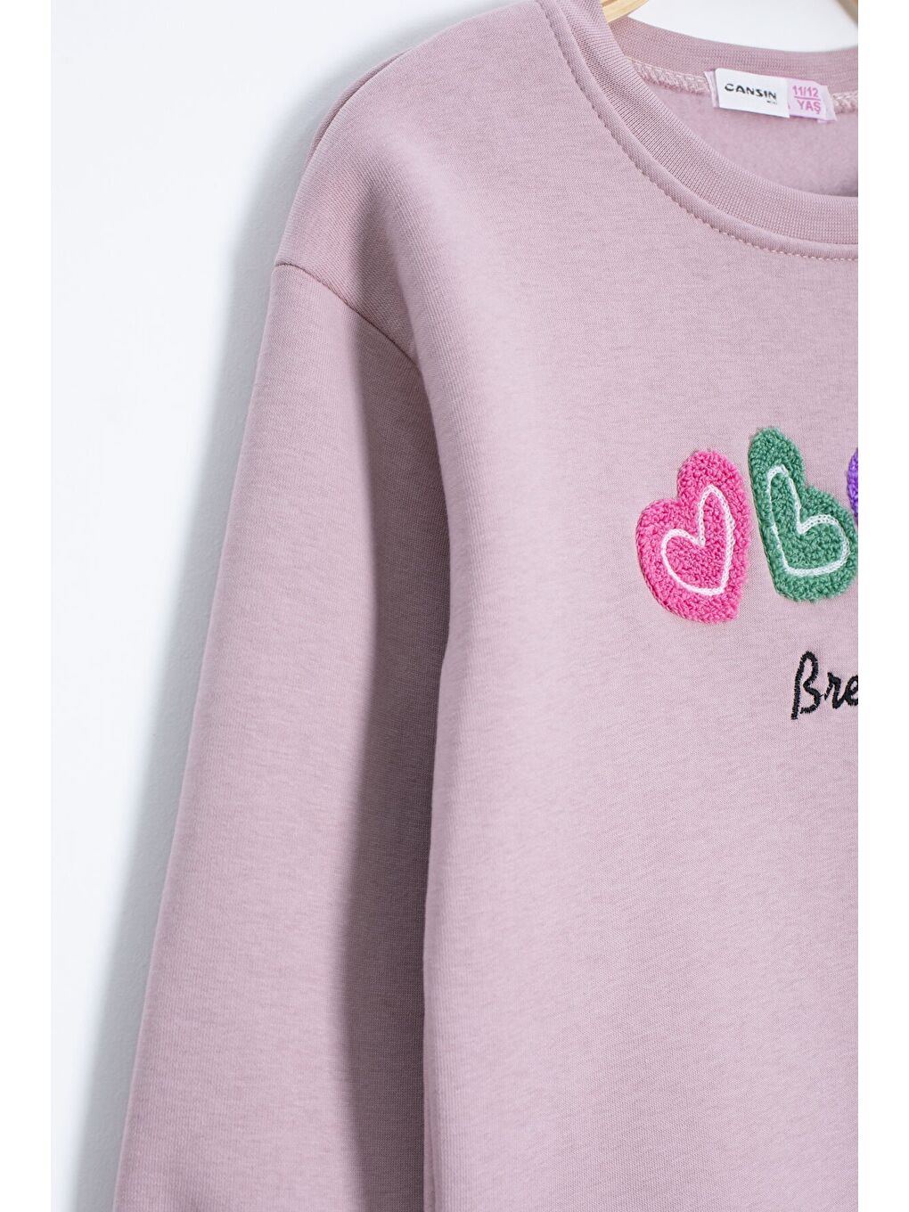 Pembe Somon Kalp Nakışlı Bisiklet Yaka Kız Çocuk Şardonlu Sweatshirt 23253-2