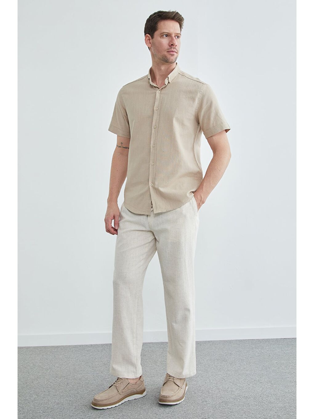 Bej Beli Bağlamalı Keten Görünümlü Pantolon-4