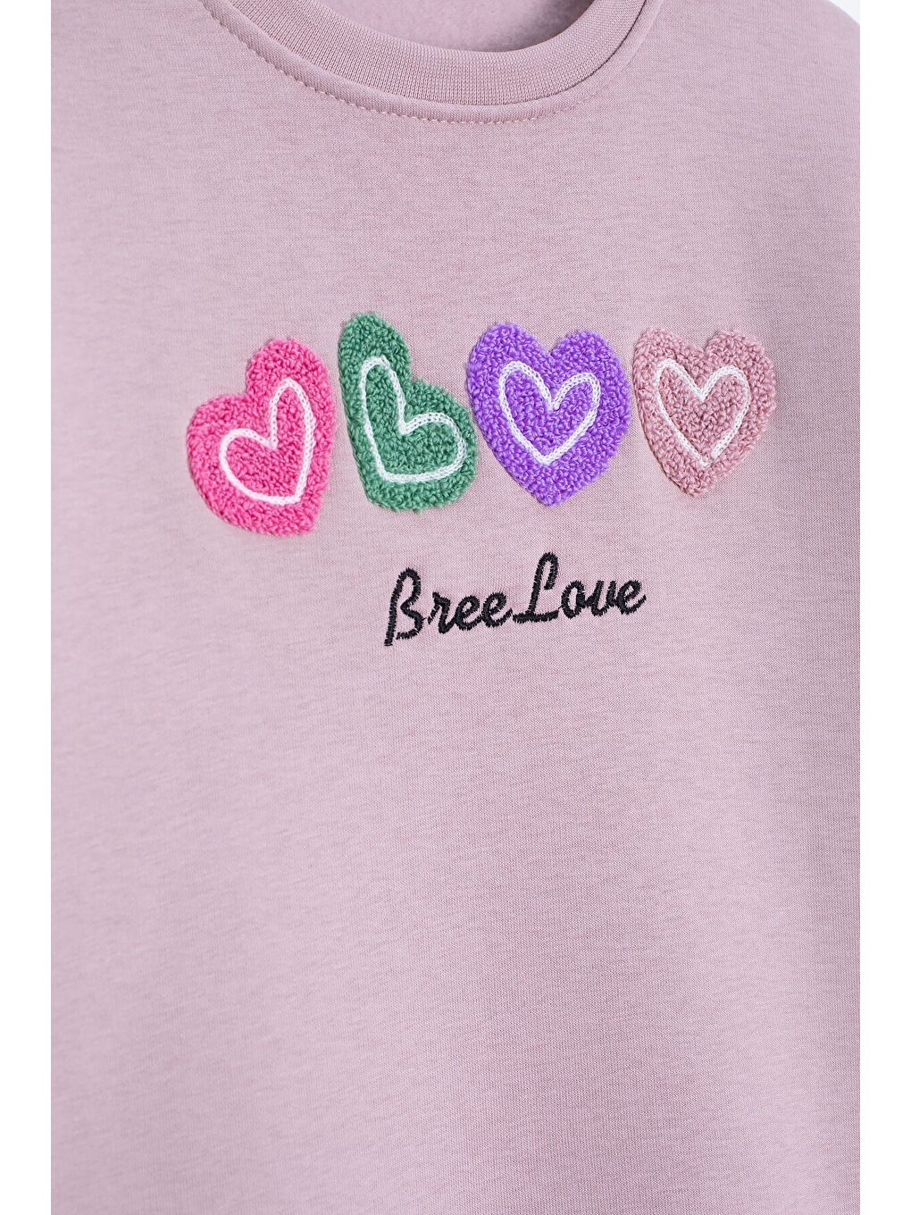 Pembe Somon Kalp Nakışlı Bisiklet Yaka Kız Çocuk Şardonlu Sweatshirt 23253-3