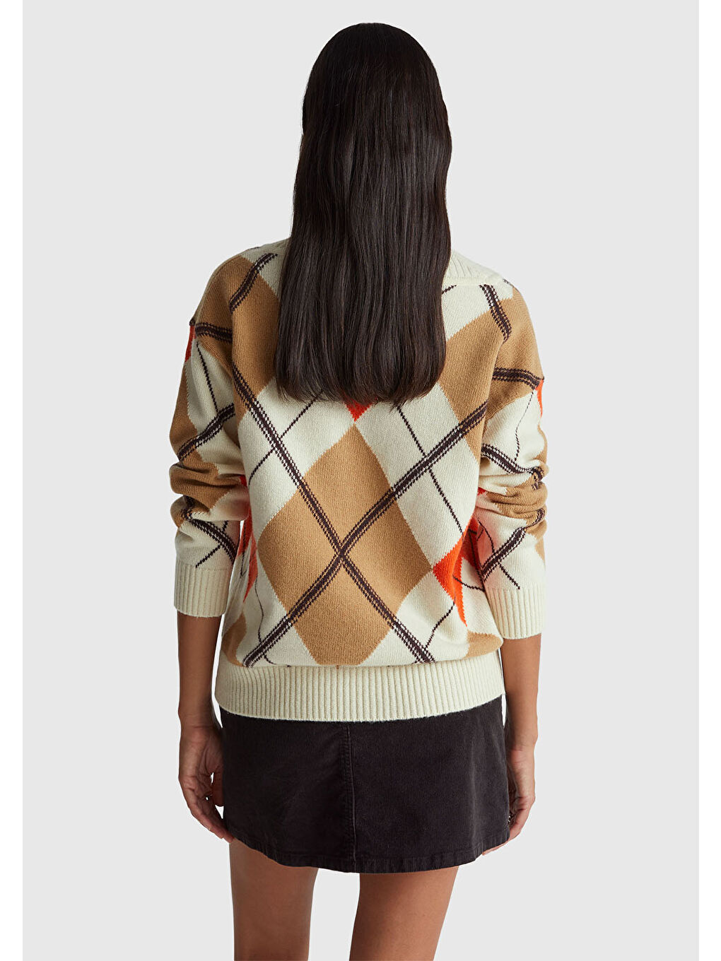 Kadın Bej Mix Yün Karışımlı Baklava Desenli Ribana Detaylı V Yaka Kazak-2