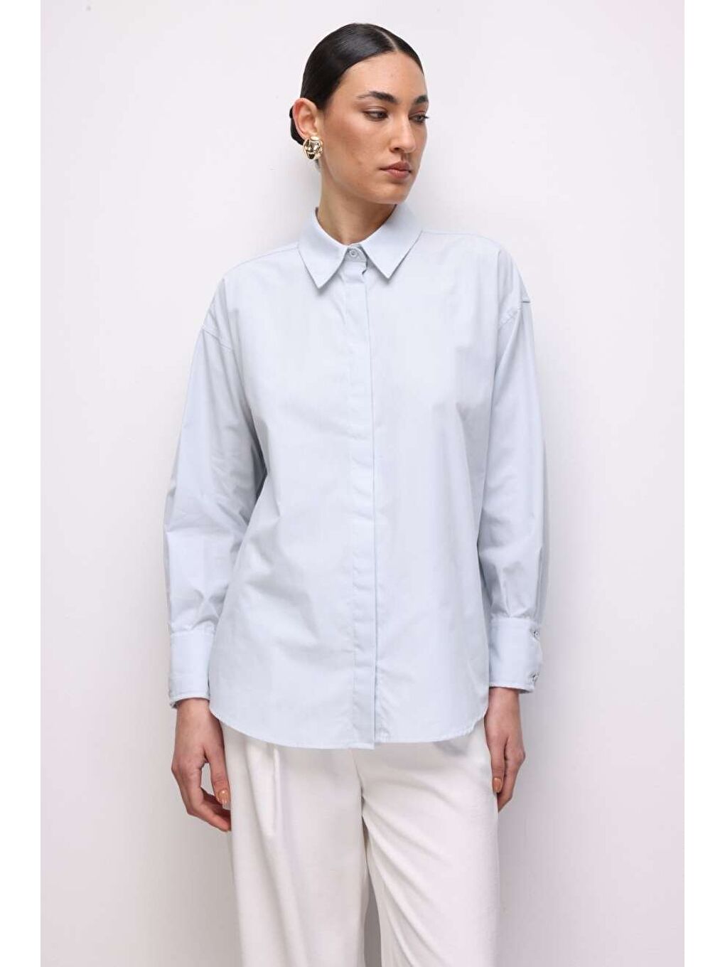 Pamuklu Mavi Oversize Gömlek