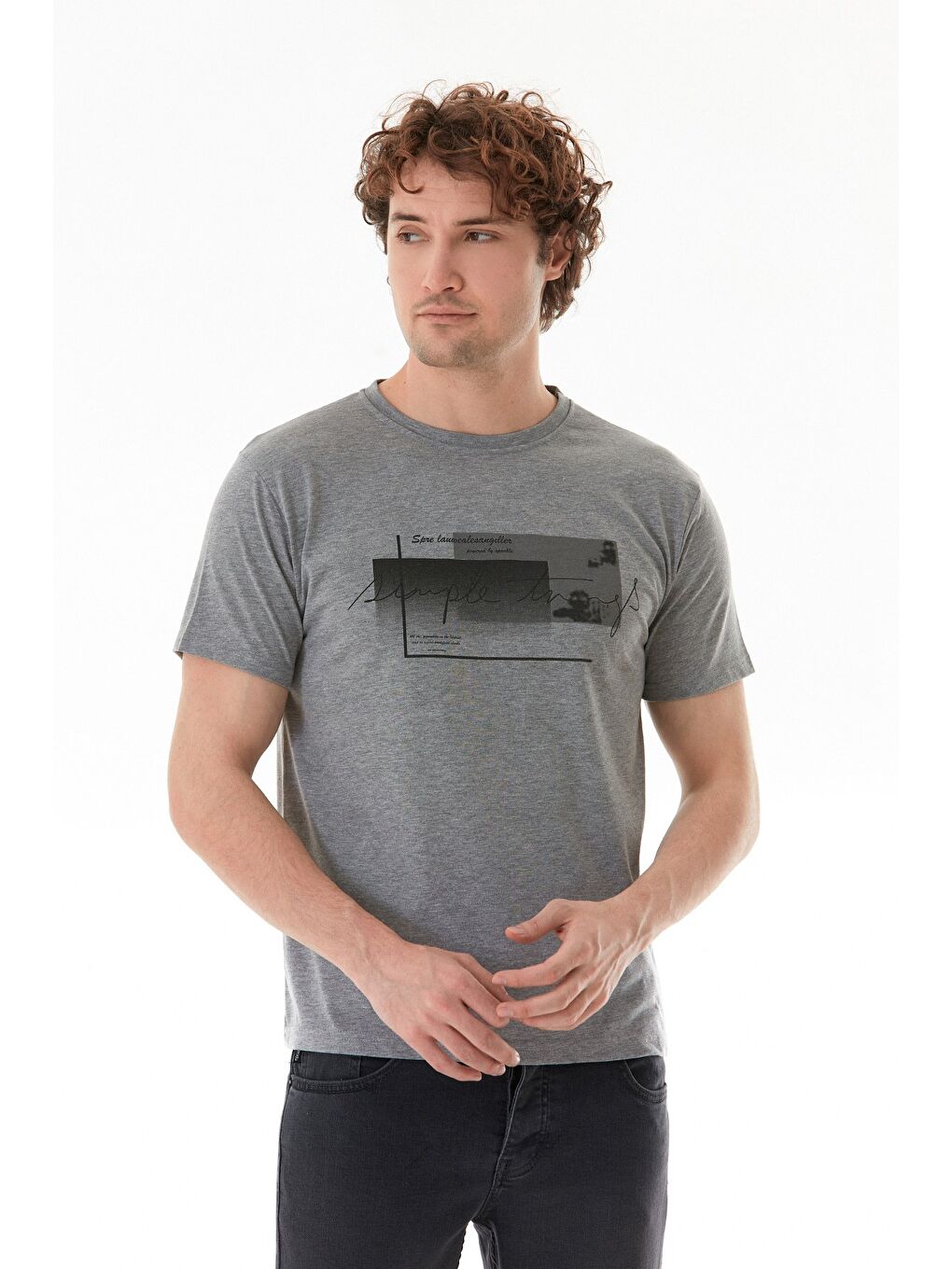 Gri Yazı Baskılı Bisiklet Yaka Tişört-2