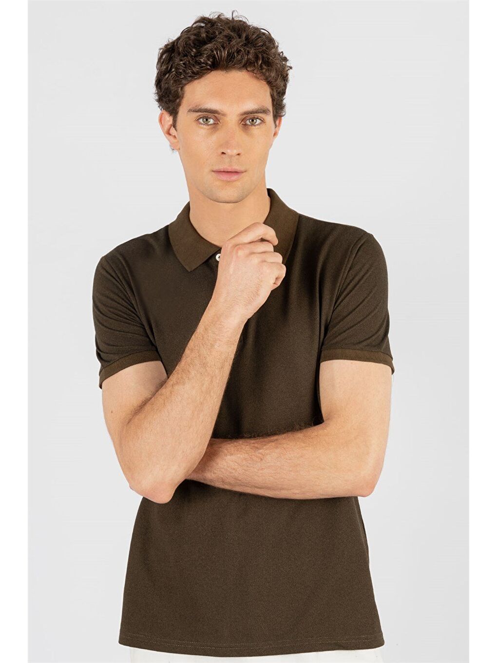 Erkek Slim Fit Dar Kesim Pamuklu Düz Pike Haki Polo Yaka Tişört