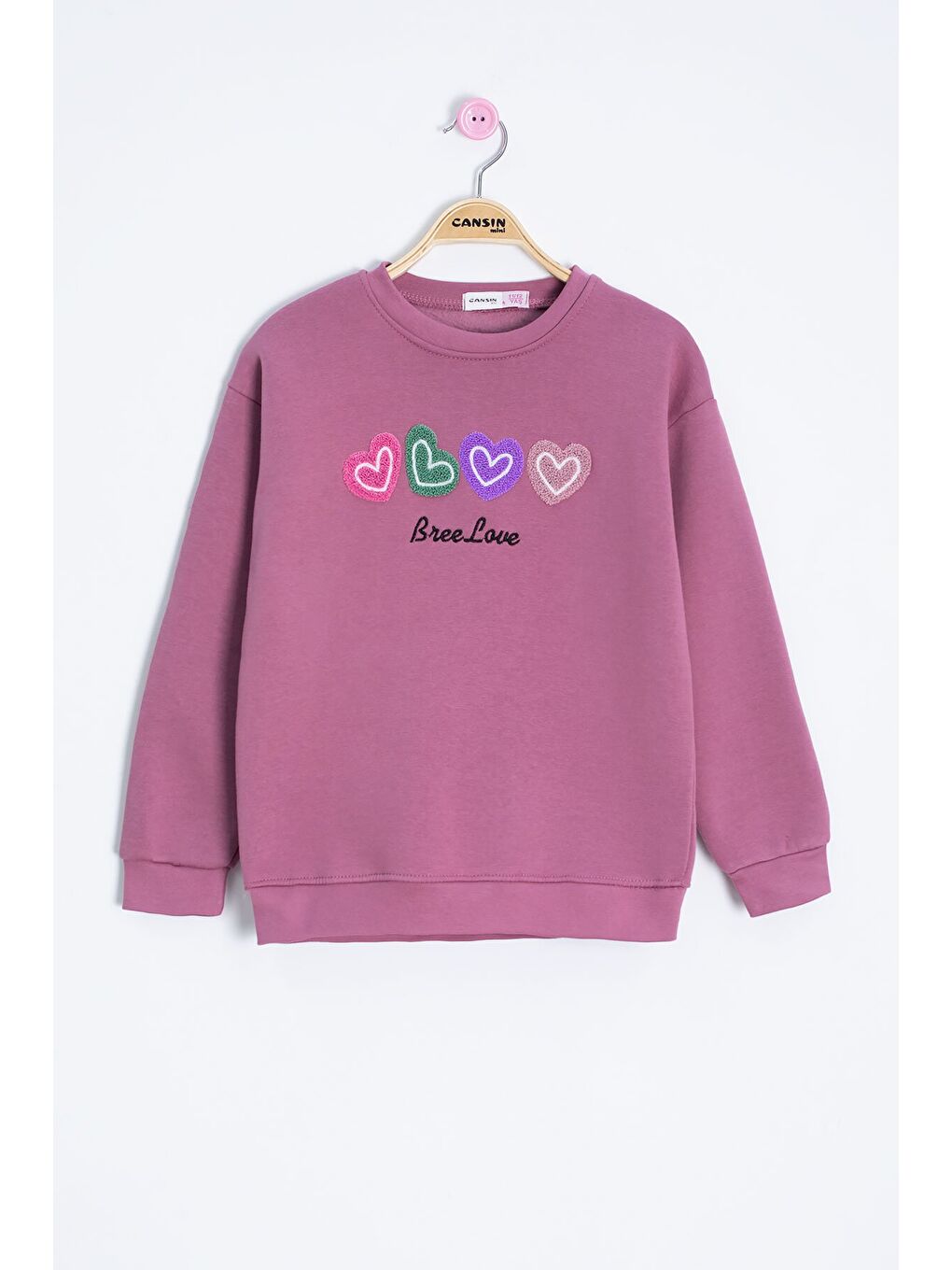 Pembe Gül Kurusu Kalp Nakışlı Bisiklet Yaka Kız Çocuk Şardonlu Sweatshirt 23254