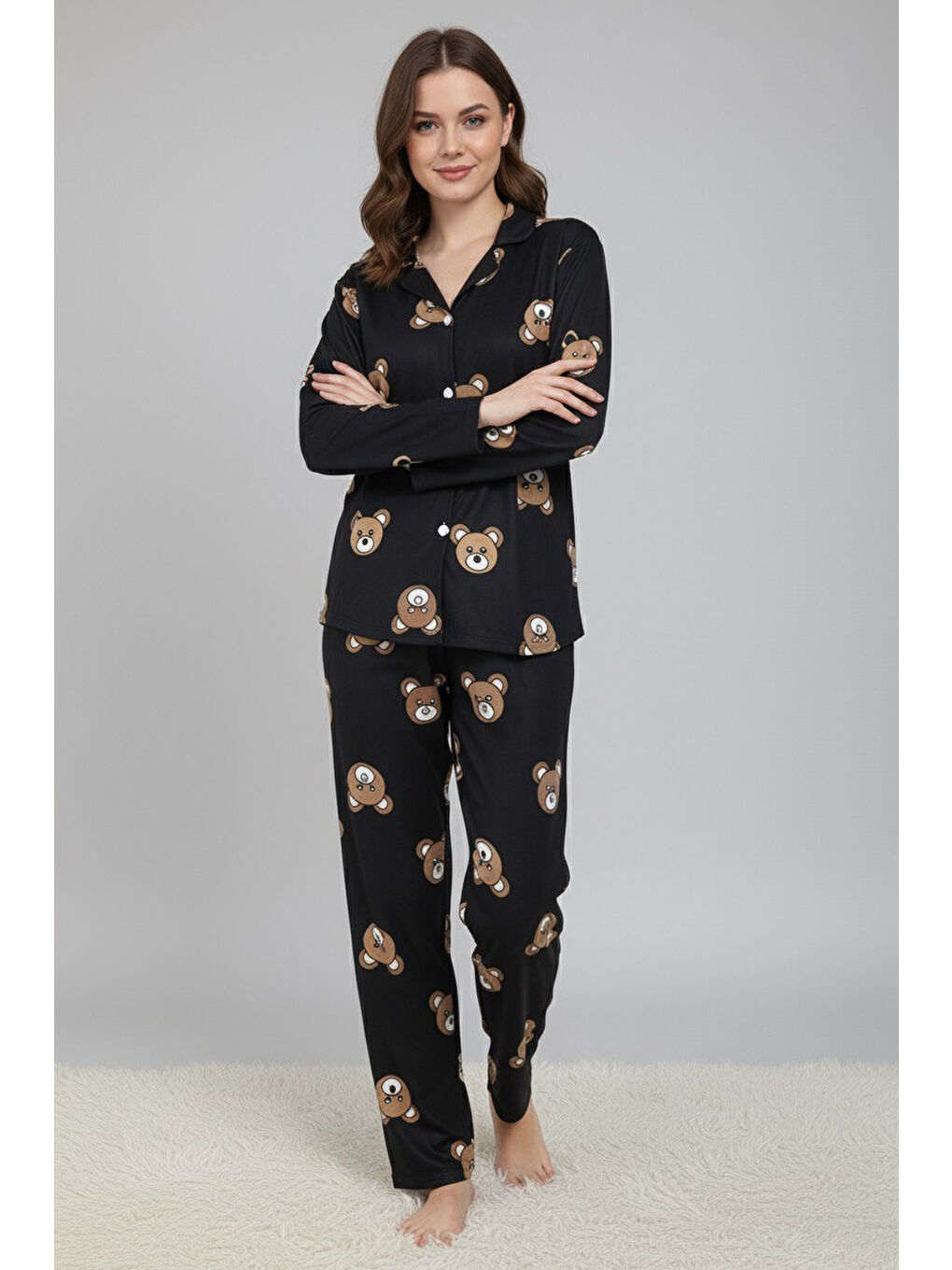 Ayıcık Baskılı Pijama Takımı Siyah - 28018-SIYAH