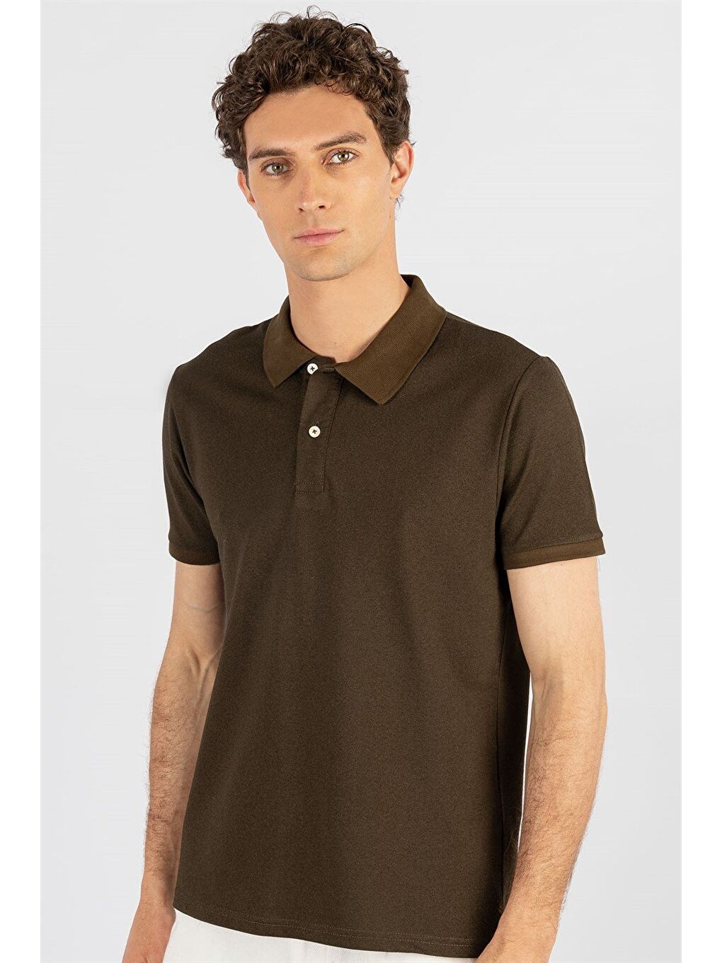 Erkek Slim Fit Dar Kesim Pamuklu Düz Pike Haki Polo Yaka Tişört-1