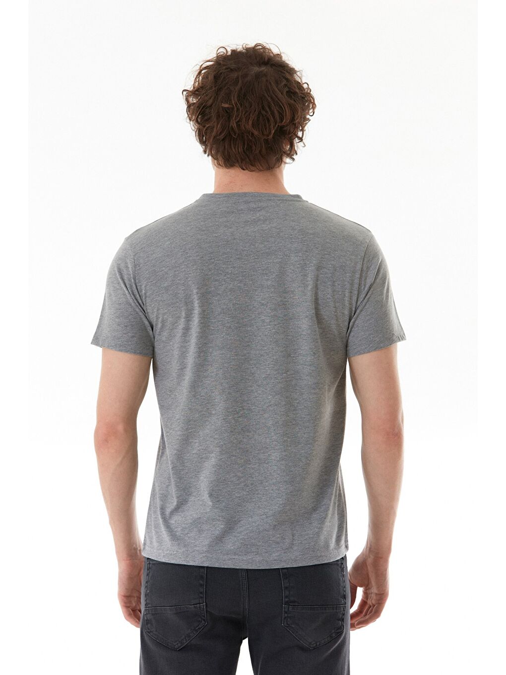 Gri Yazı Baskılı Bisiklet Yaka Tişört-4