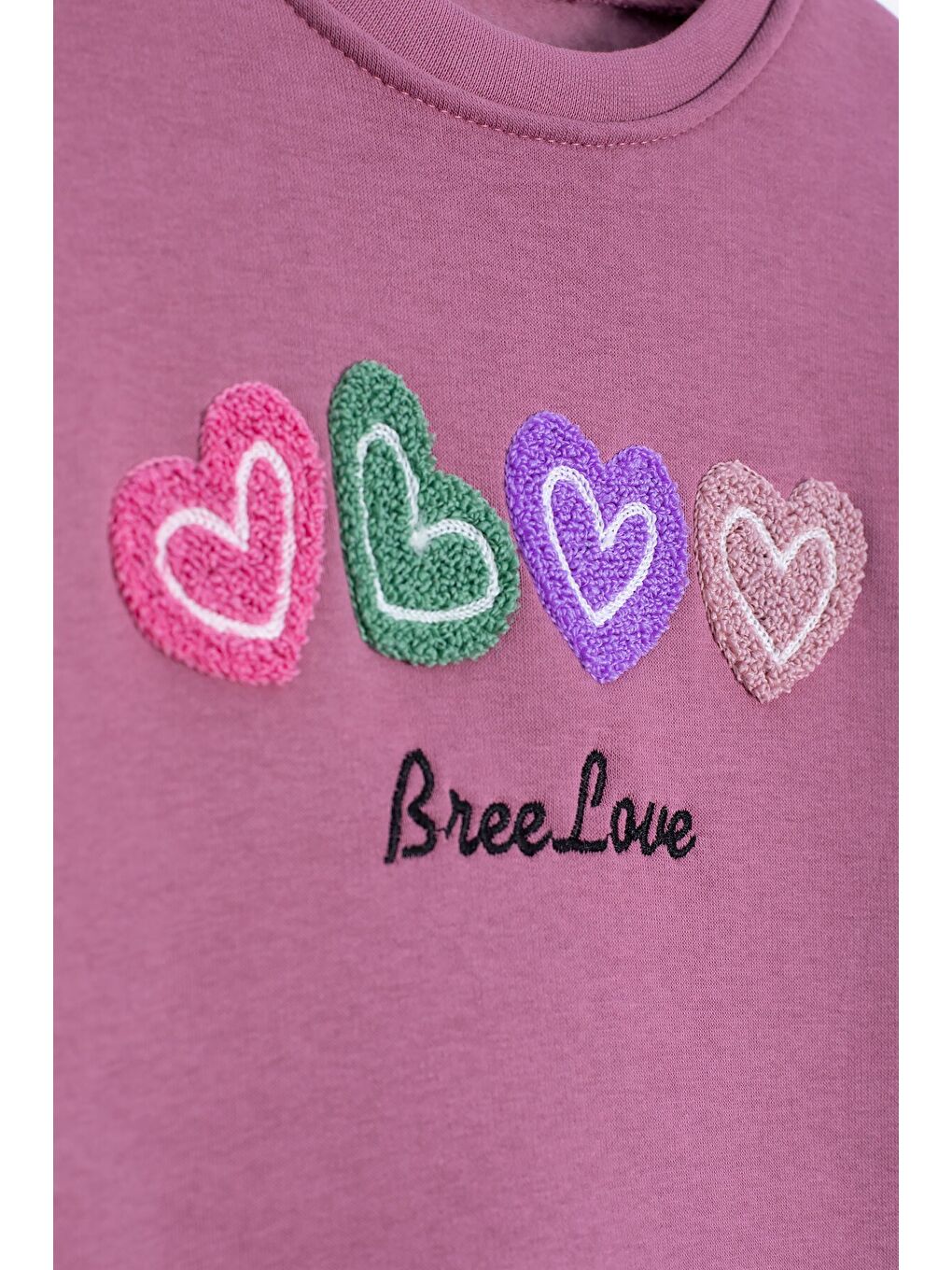 Pembe Gül Kurusu Kalp Nakışlı Bisiklet Yaka Kız Çocuk Şardonlu Sweatshirt 23254-1