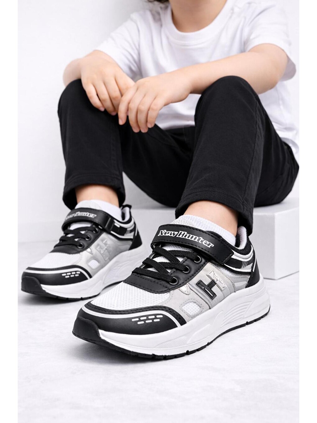 Beyaz Unisex Çocuk Spor Günlük Hafif Taban Cırtlı Bağcıklı Nefes Alabilen Kaymaz Okul Ve Günlük Sneaker-4