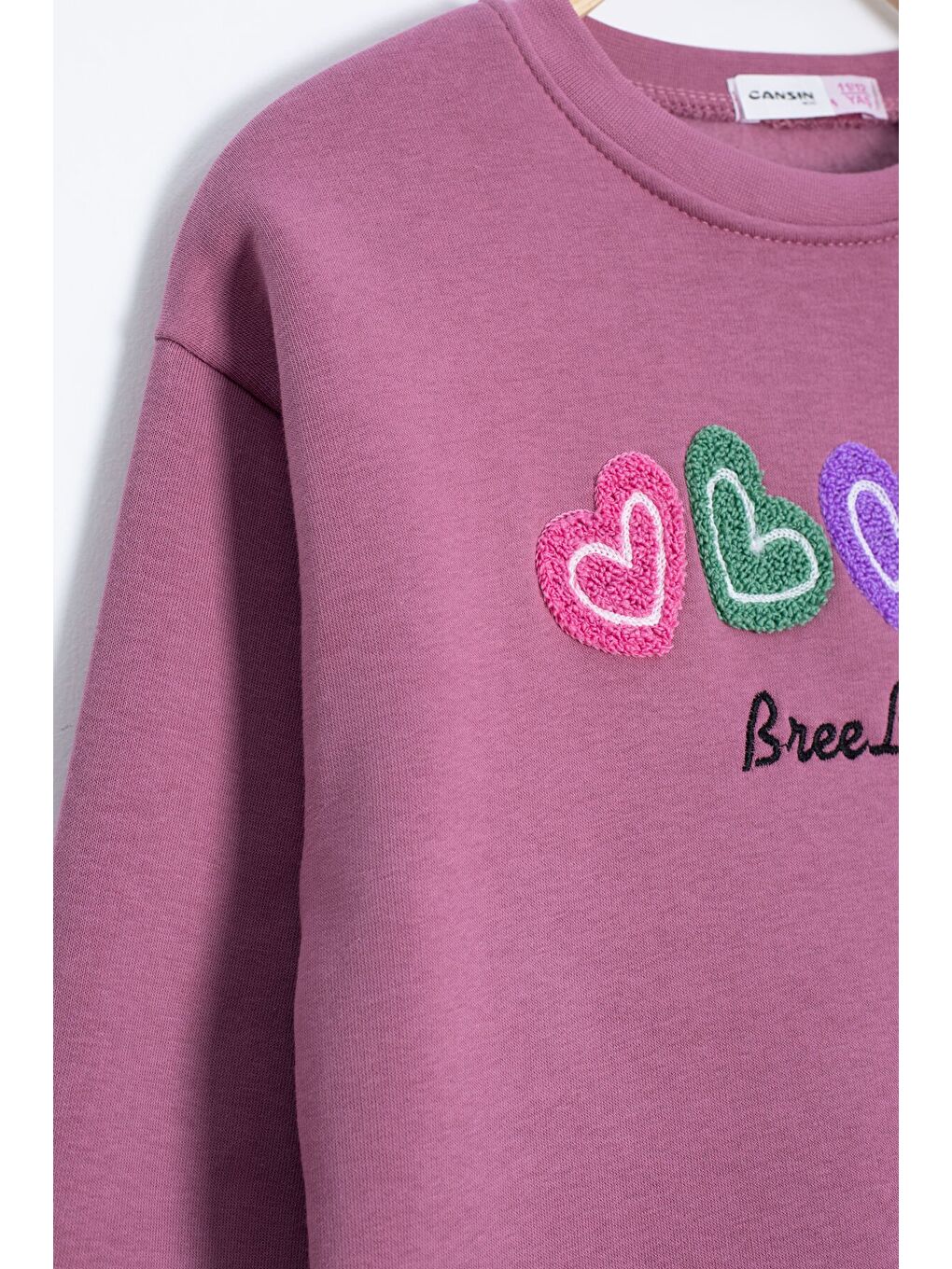 Pembe Gül Kurusu Kalp Nakışlı Bisiklet Yaka Kız Çocuk Şardonlu Sweatshirt 23254-2