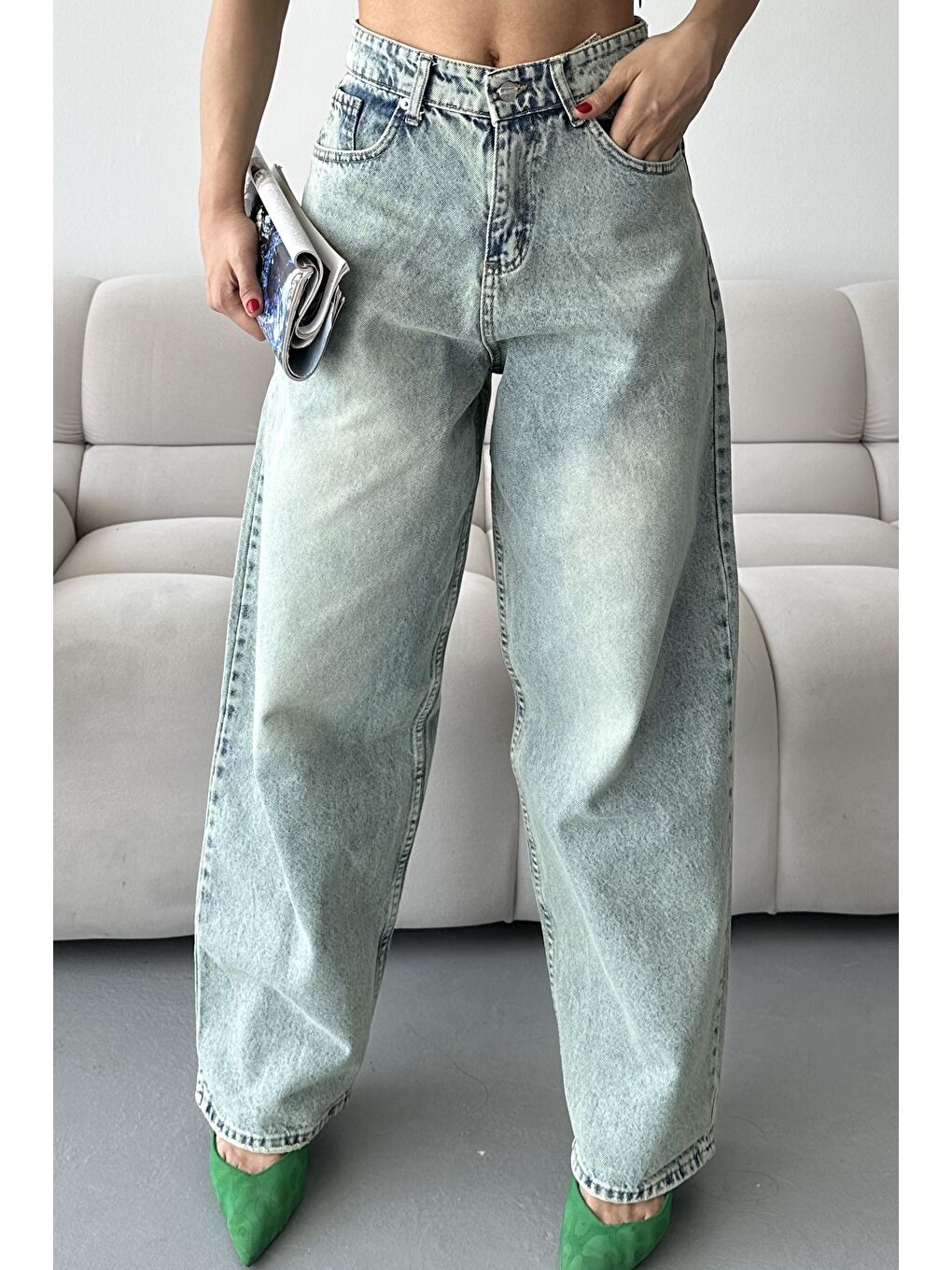 Kar Yıkamalı Baggy Jean Pantolon Yeşil Tint Yikama - 27269-1