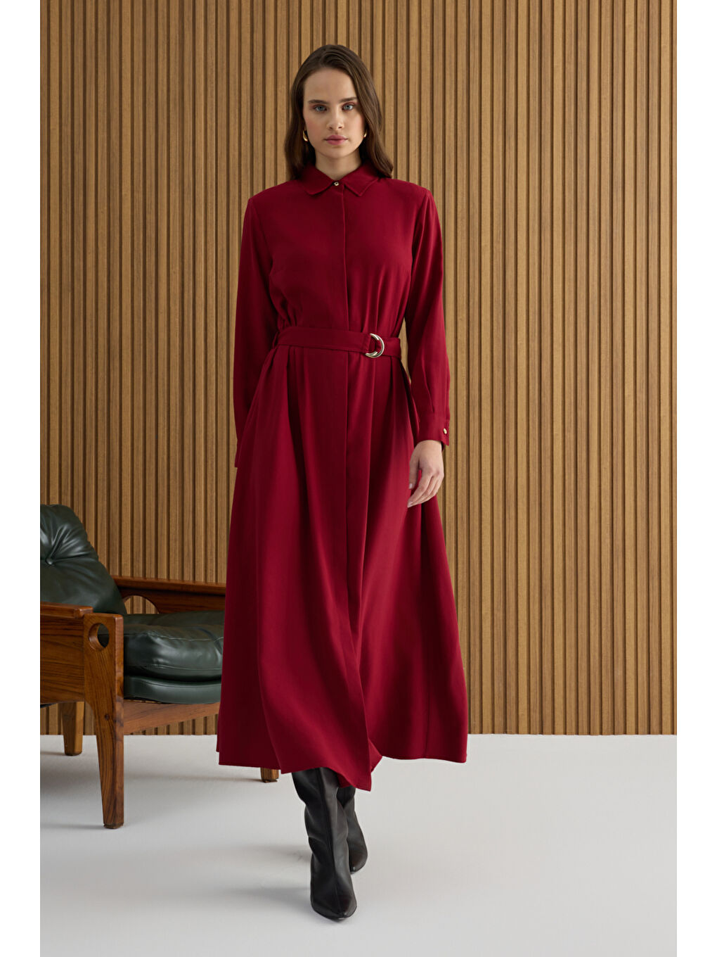 Bordo Metal Tokalı Modal Elbise