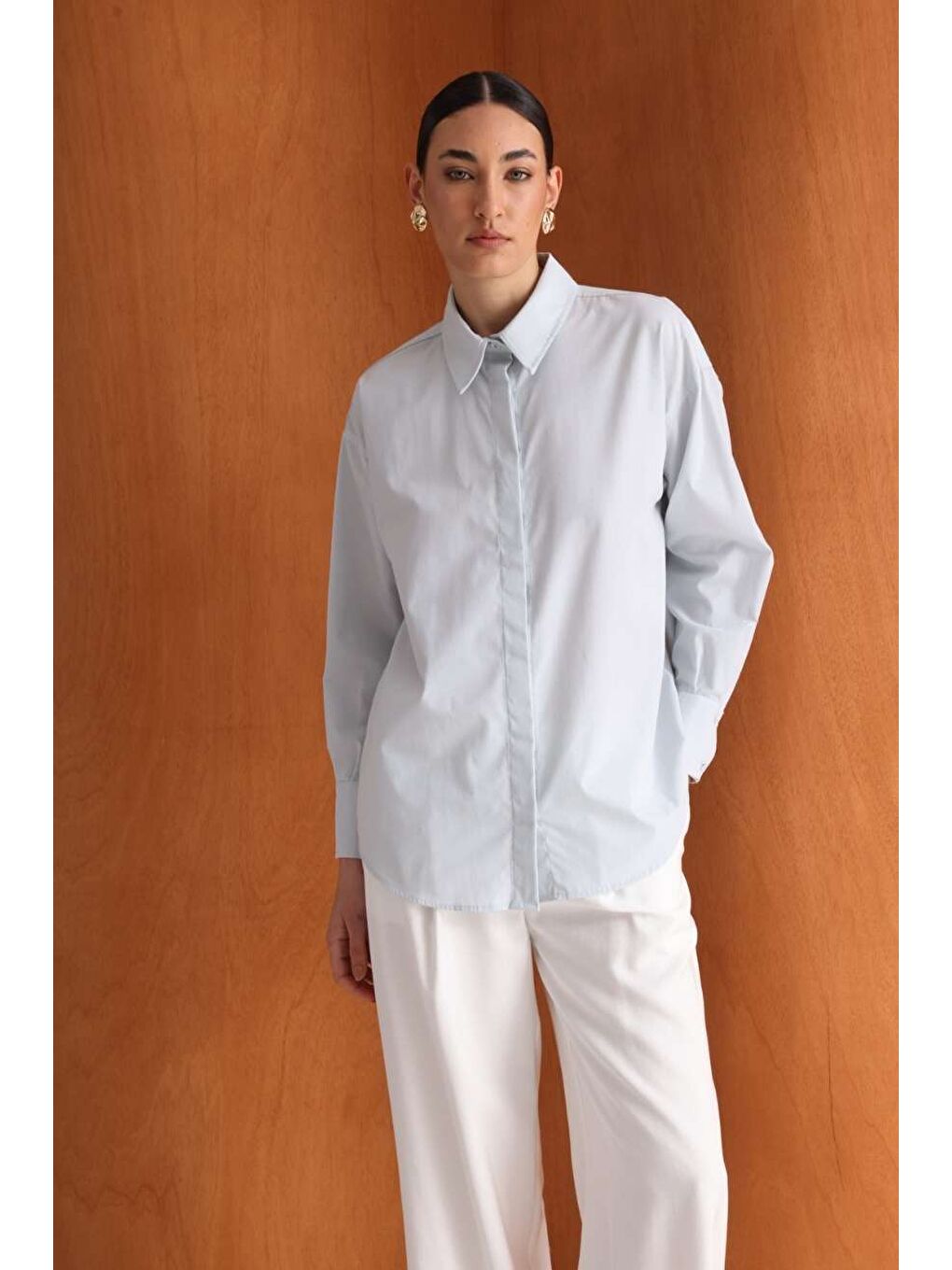 Pamuklu Mavi Oversize Gömlek-1