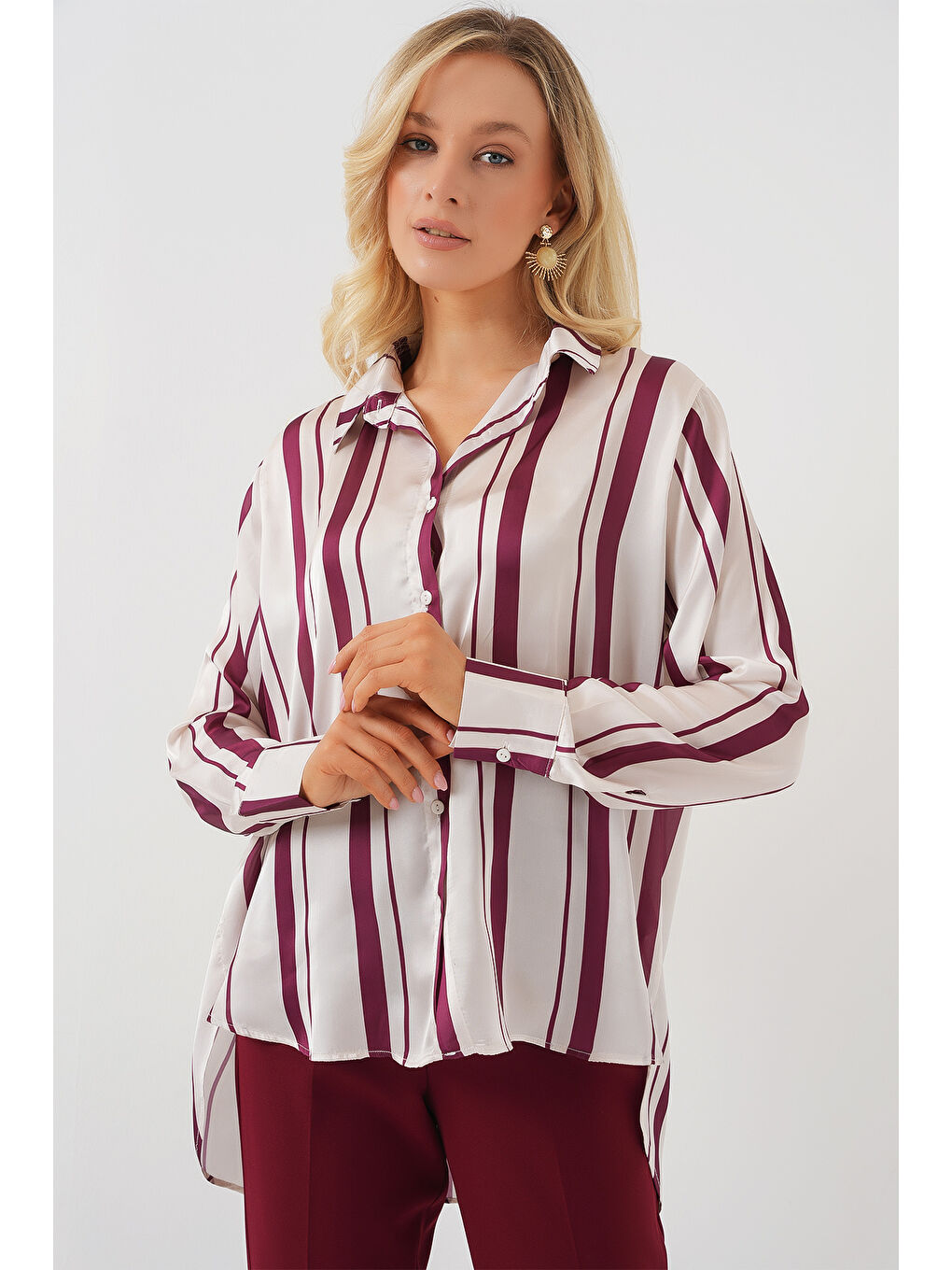 Kadın Çizgili Uzun Saten Gömlek 20291 - Bordo