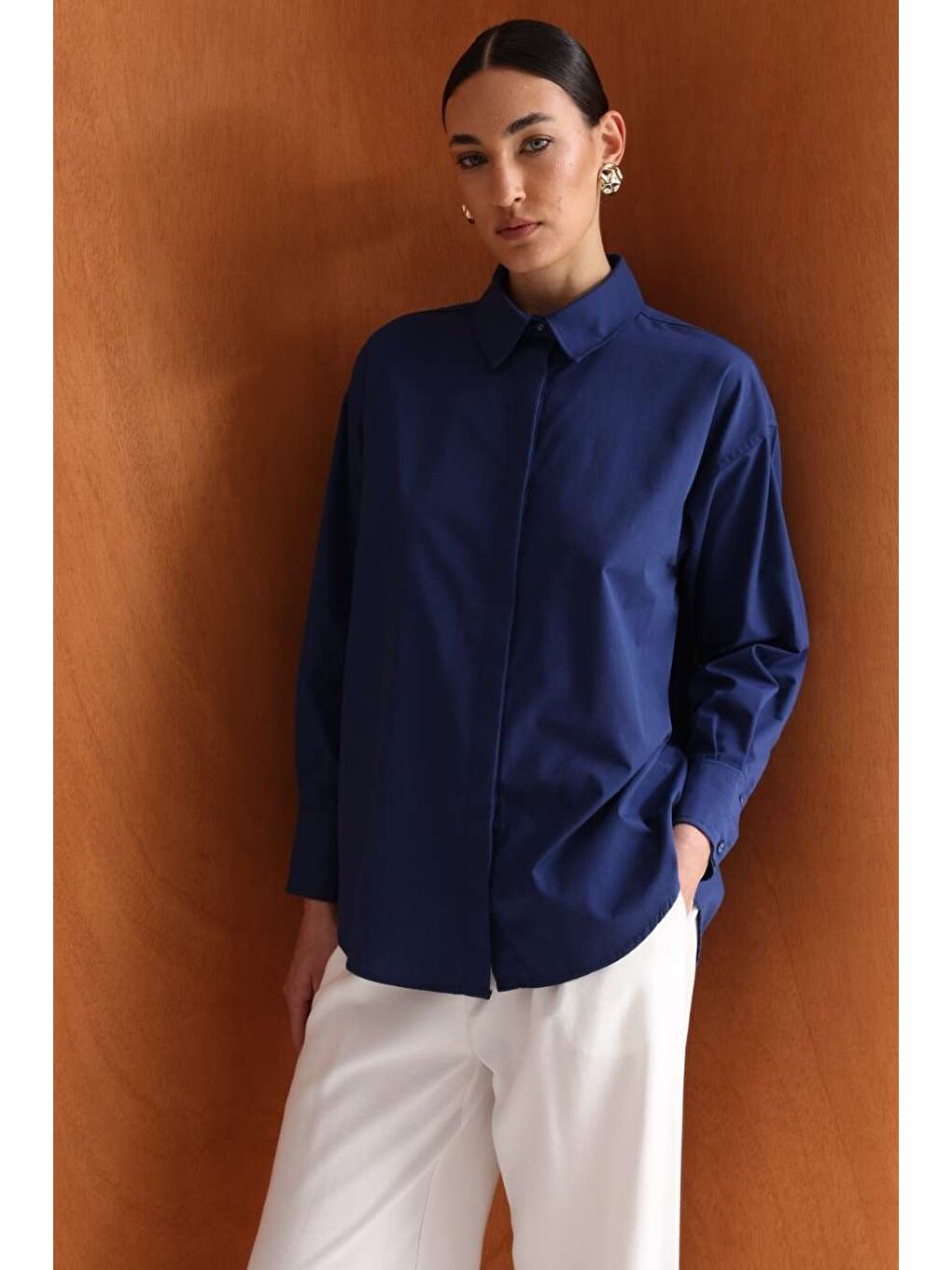 Pamuklu Lacivert Oversize Gömlek-1