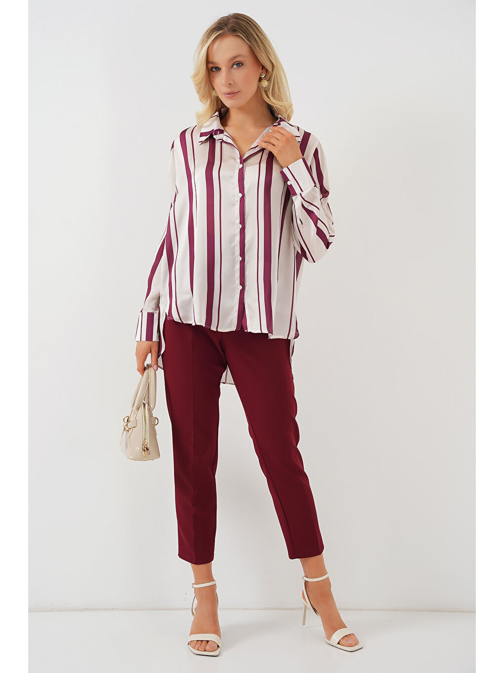 Kadın Çizgili Uzun Saten Gömlek 20291 - Bordo-1