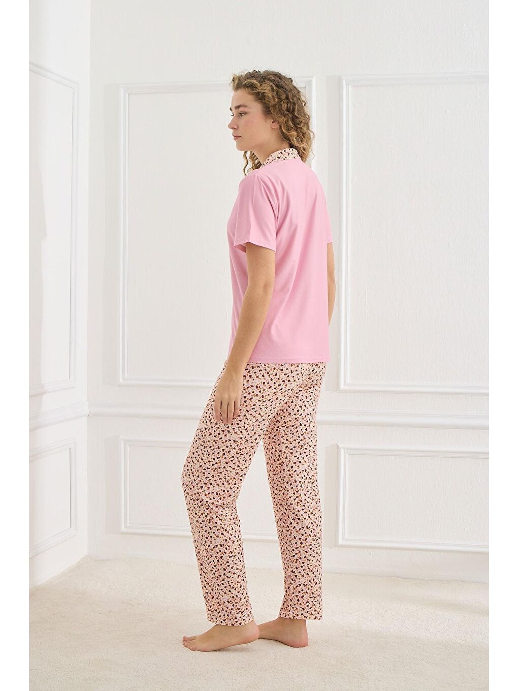 Kadın Desenli Polo Yaka Kısa Kol Pijama Takım | Pembe 30101-970-2