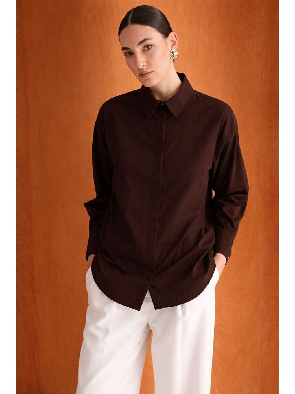 Pamuklu Kahverengi Oversize Gömlek-1