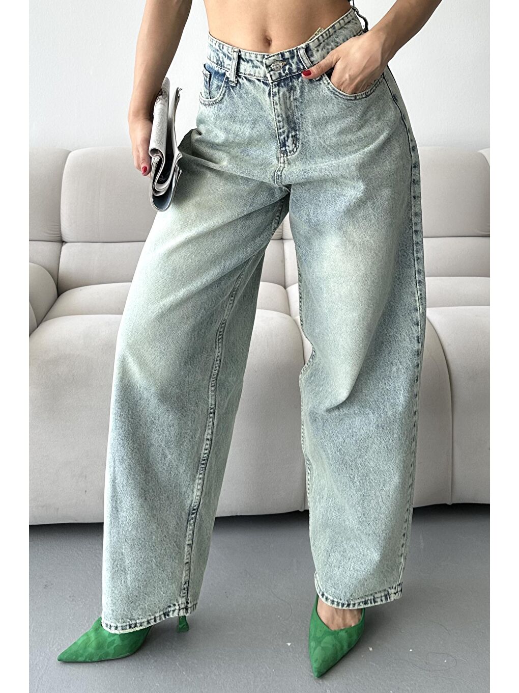 Kar Yıkamalı Baggy Jean Pantolon Yeşil Tint Yikama - 27269-2