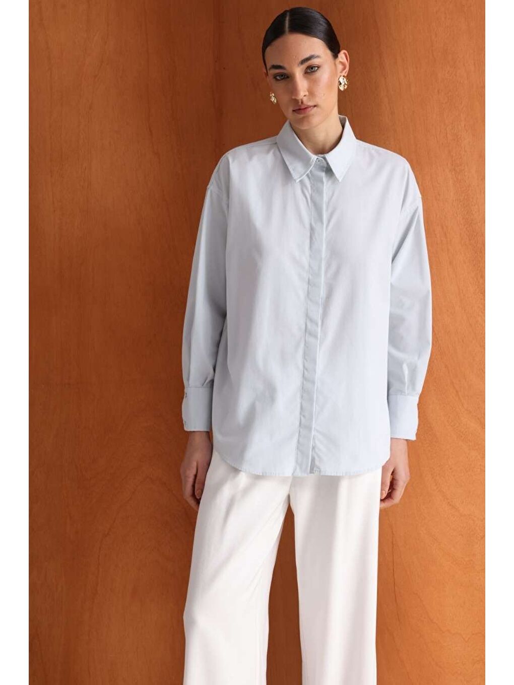 Pamuklu Mavi Oversize Gömlek-2