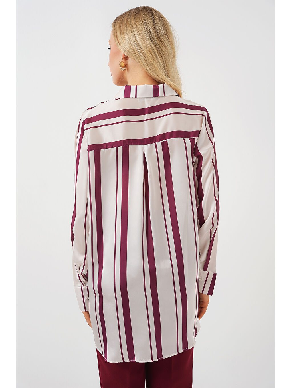 Kadın Çizgili Uzun Saten Gömlek 20291 - Bordo-5
