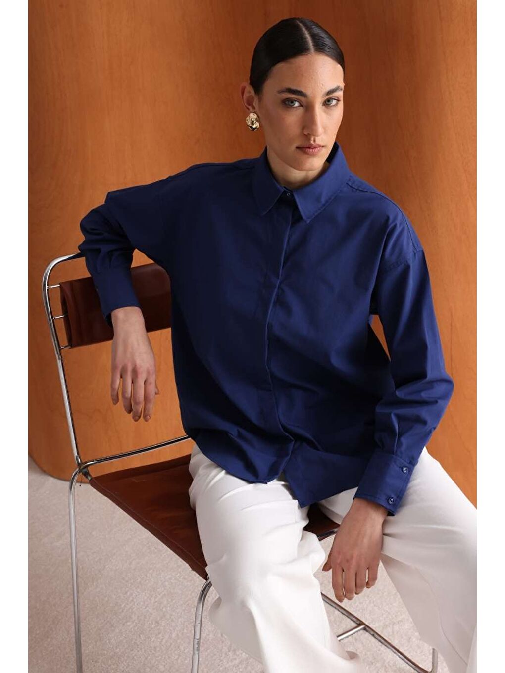 Pamuklu Lacivert Oversize Gömlek-2