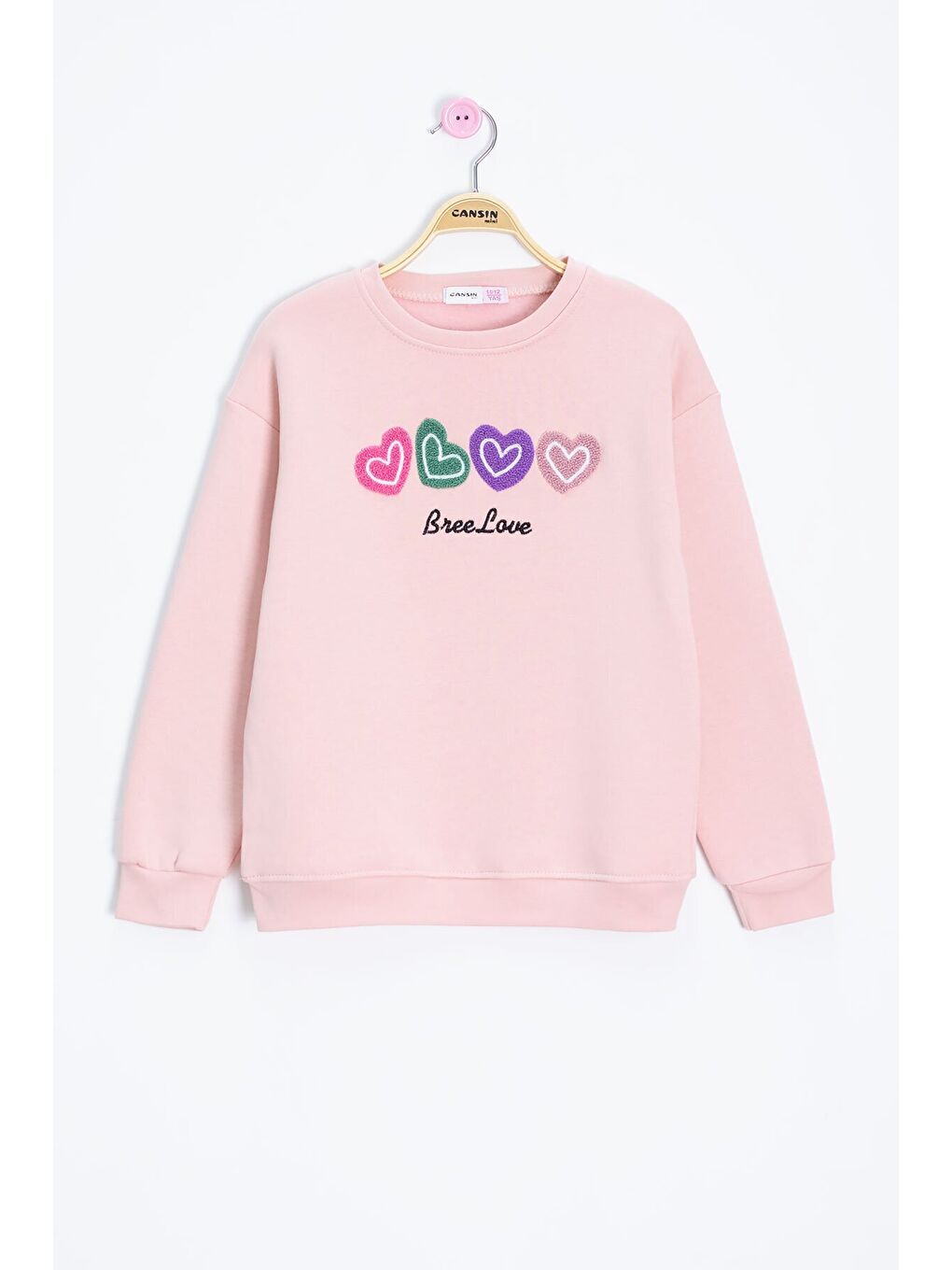 Pembe Kalp Nakışlı Bisiklet Yaka Kız Çocuk Şardonlu Sweatshirt 23251