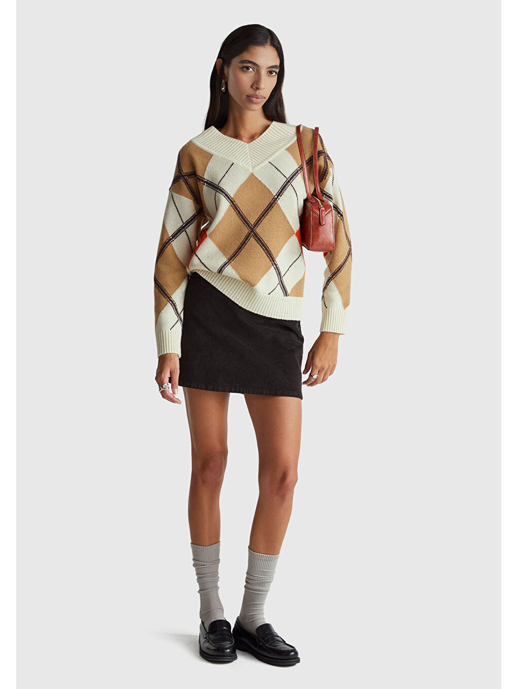 Kadın Bej Mix Yün Karışımlı Baklava Desenli Ribana Detaylı V Yaka Kazak-4