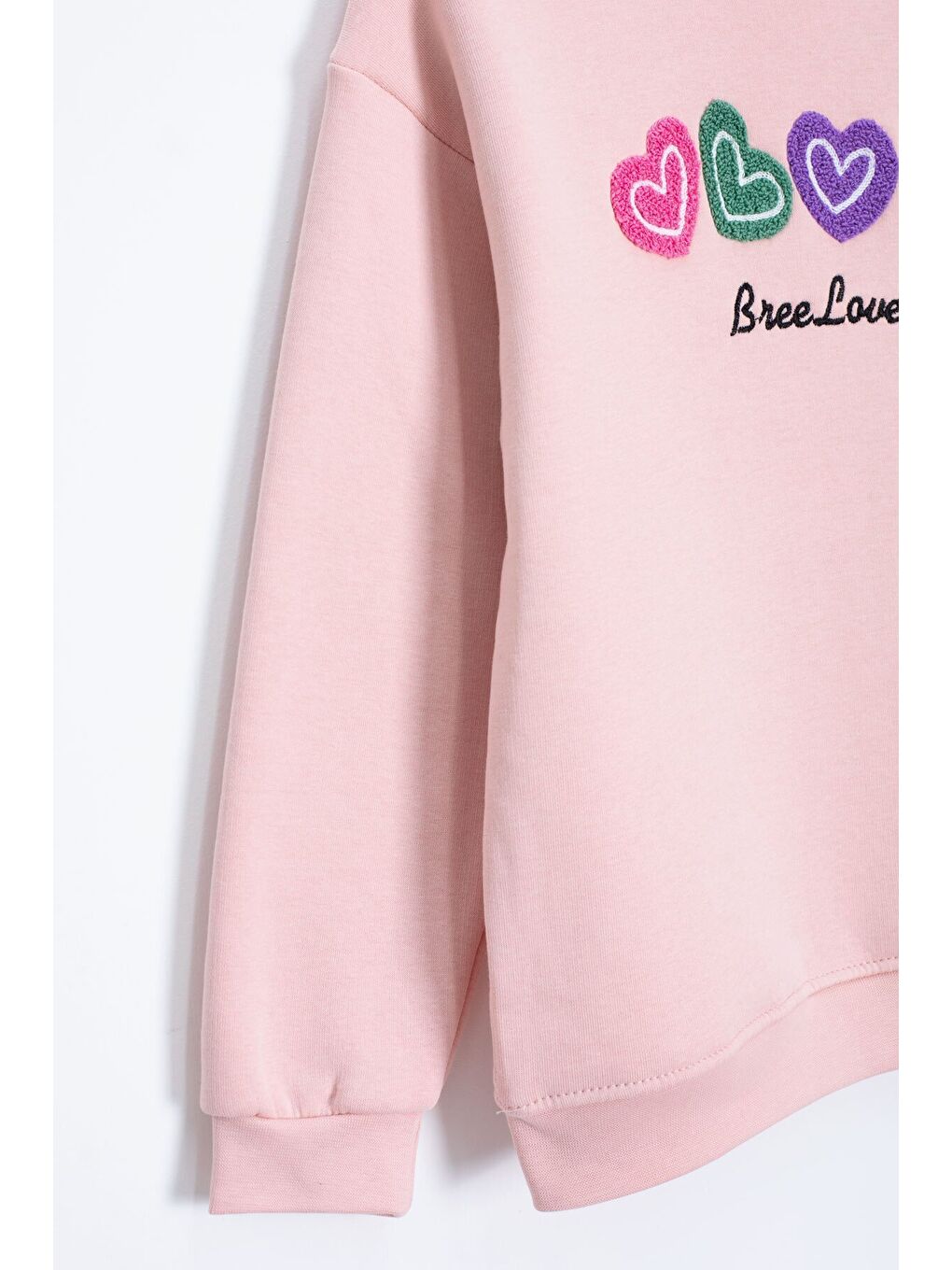 Pembe Kalp Nakışlı Bisiklet Yaka Kız Çocuk Şardonlu Sweatshirt 23251-1