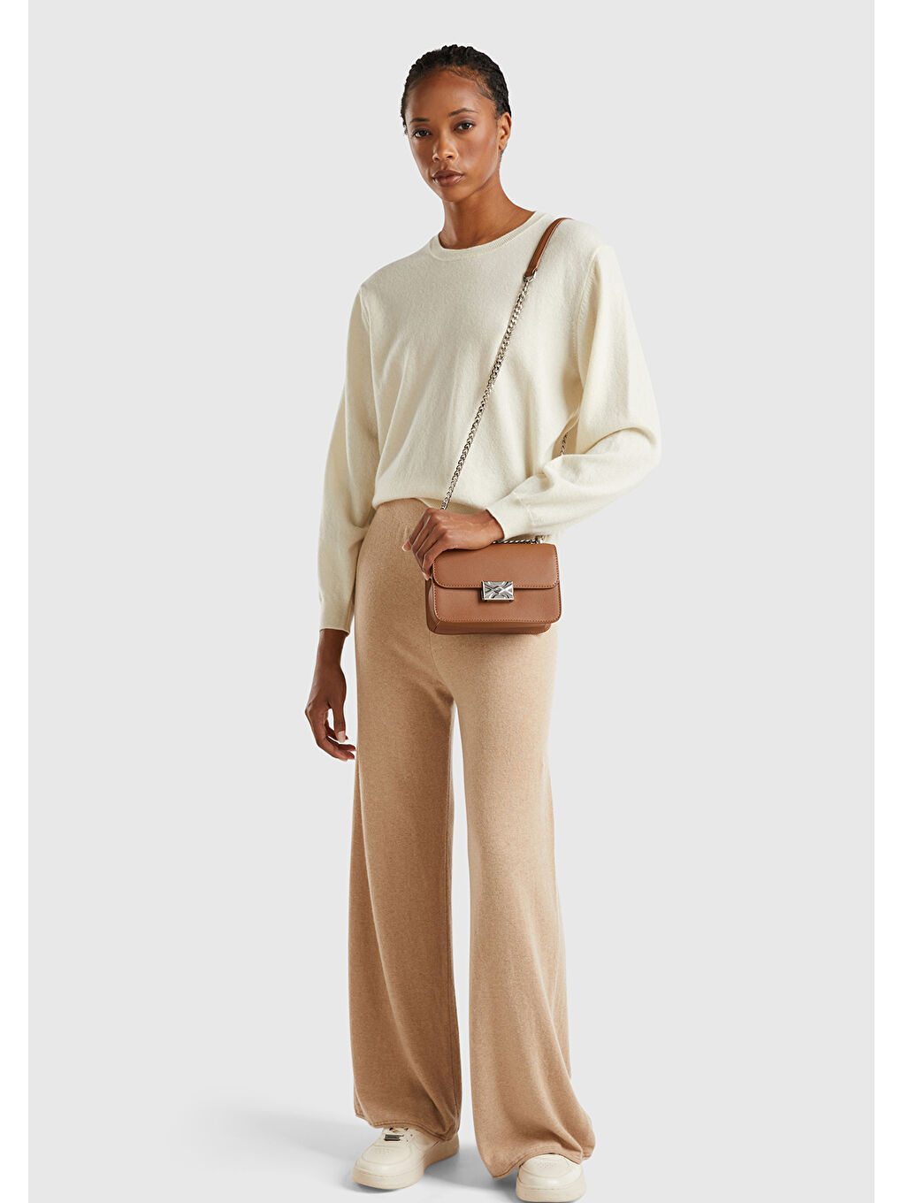 Ekru Kadın Krem %100 Merino Ribana Detaylı Bisiklet Yaka Kazak-4