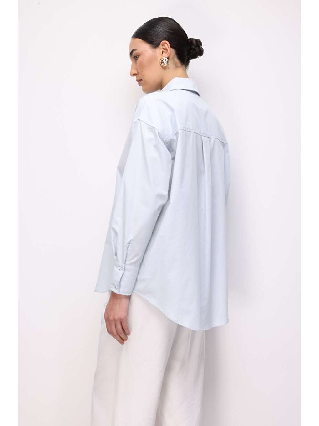 Pamuklu Mavi Oversize Gömlek-3