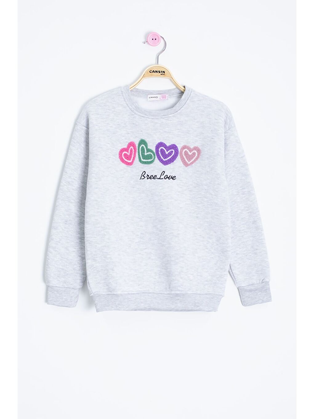 Gri Kalp Nakışlı Bisiklet Yaka Kız Çocuk Şardonlu Sweatshirt 23252