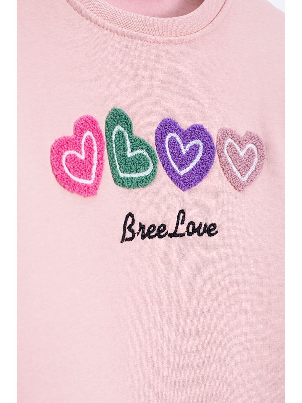 Pembe Kalp Nakışlı Bisiklet Yaka Kız Çocuk Şardonlu Sweatshirt 23251-2