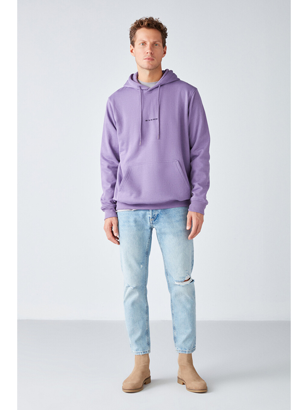 Epıc Erkek Organik Pamuklu Yumuşacık Nakış Detaylı Kapüşonlu Kordonlu Regular Mor Sweatshirt-1