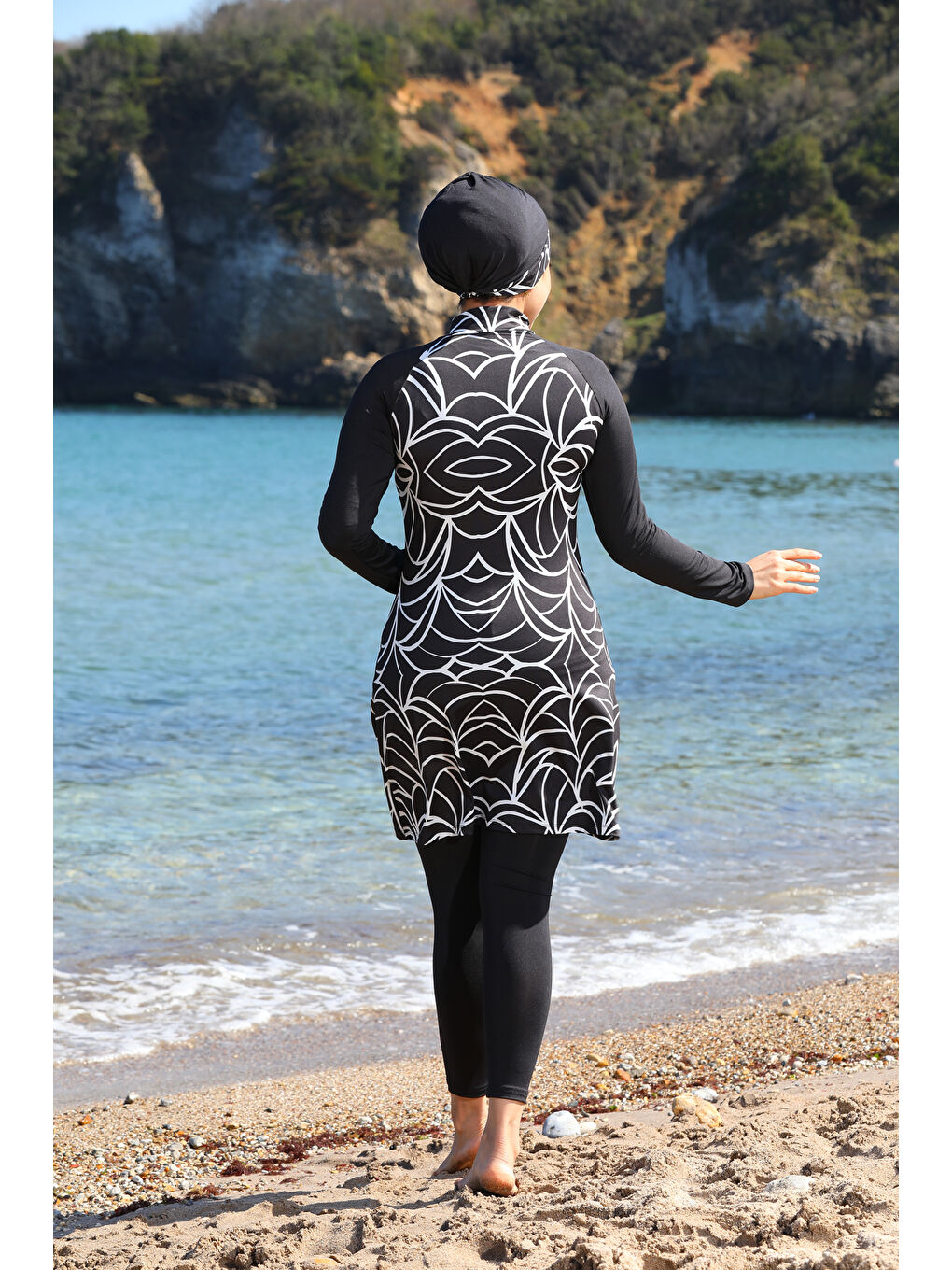 Siyah Çizgili Desen Garnili Taytlı Kapalı Tesettür Mayo 2240-3