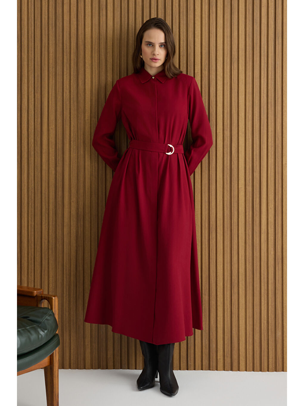 Bordo Metal Tokalı Modal Elbise-1