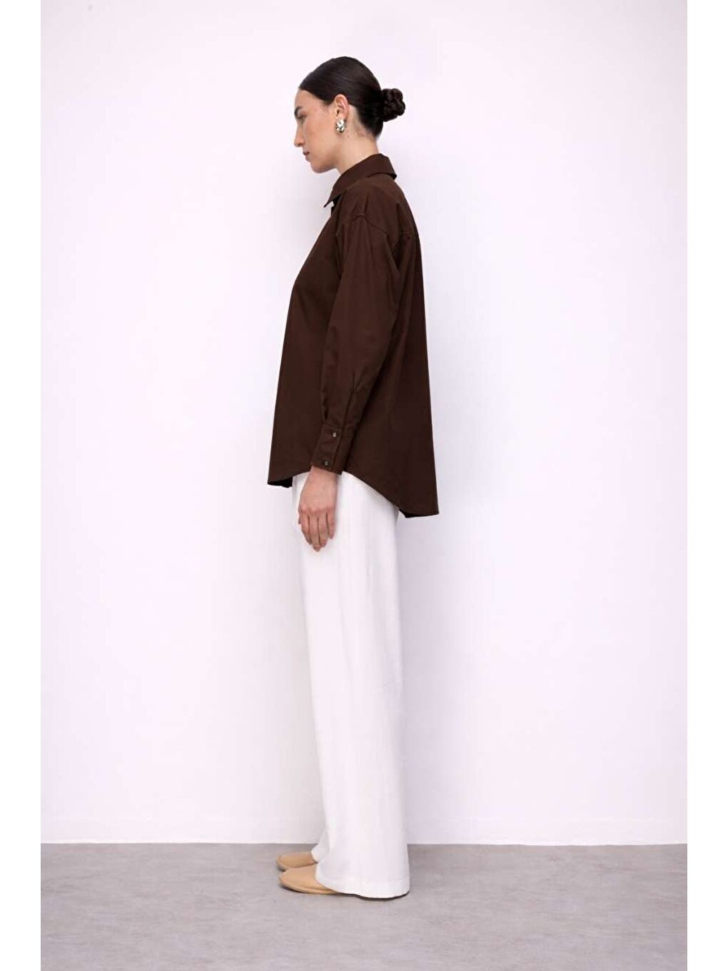 Pamuklu Kahverengi Oversize Gömlek-2