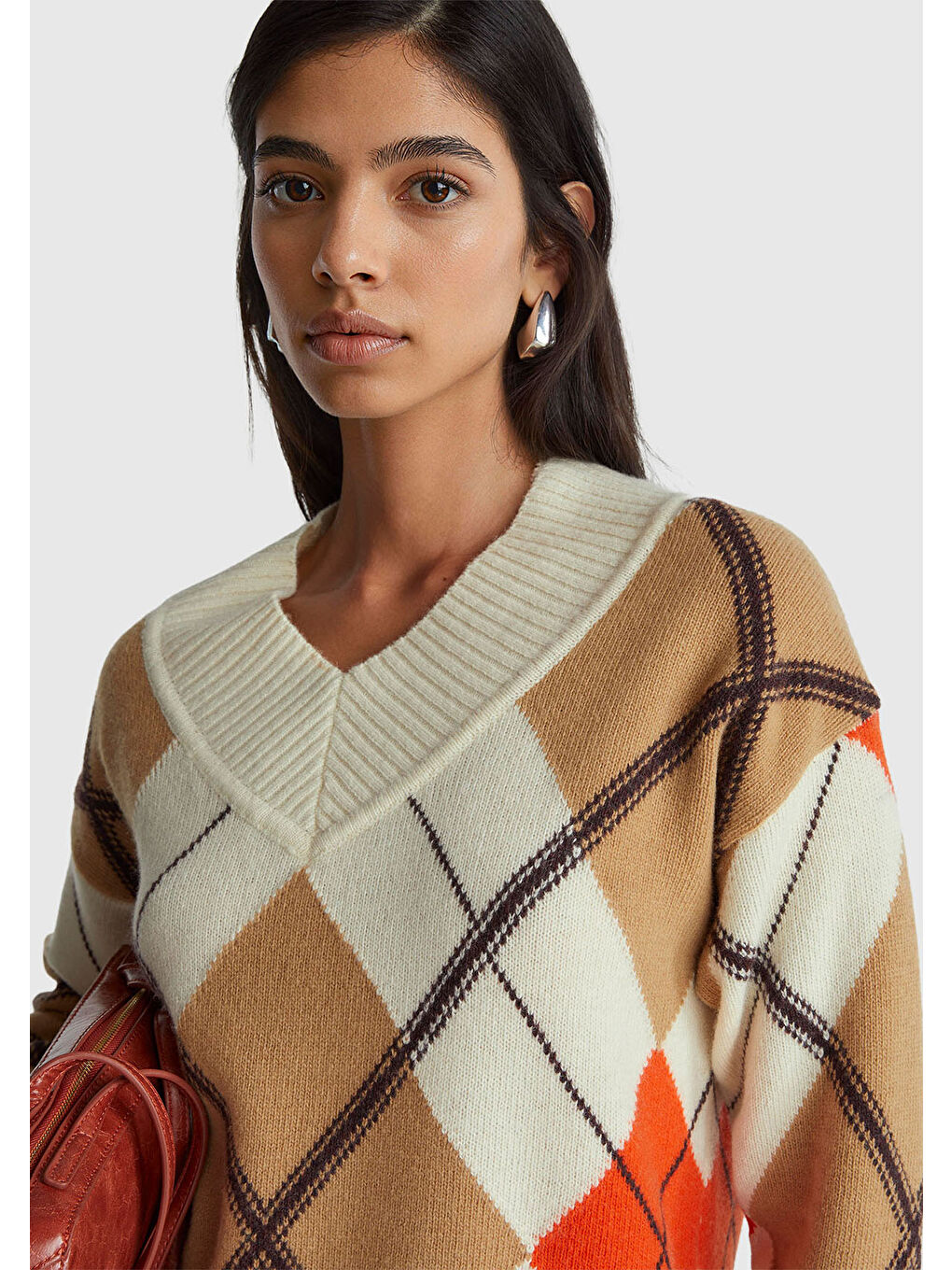 Kadın Bej Mix Yün Karışımlı Baklava Desenli Ribana Detaylı V Yaka Kazak-5