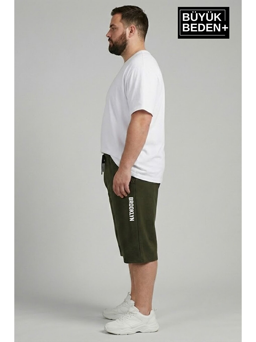 Haki Büyük Beden Erkek Kapri Şort Brooklyn Baskılı Rahat Kalıp 3XL-6XL SPR26BSR591-02