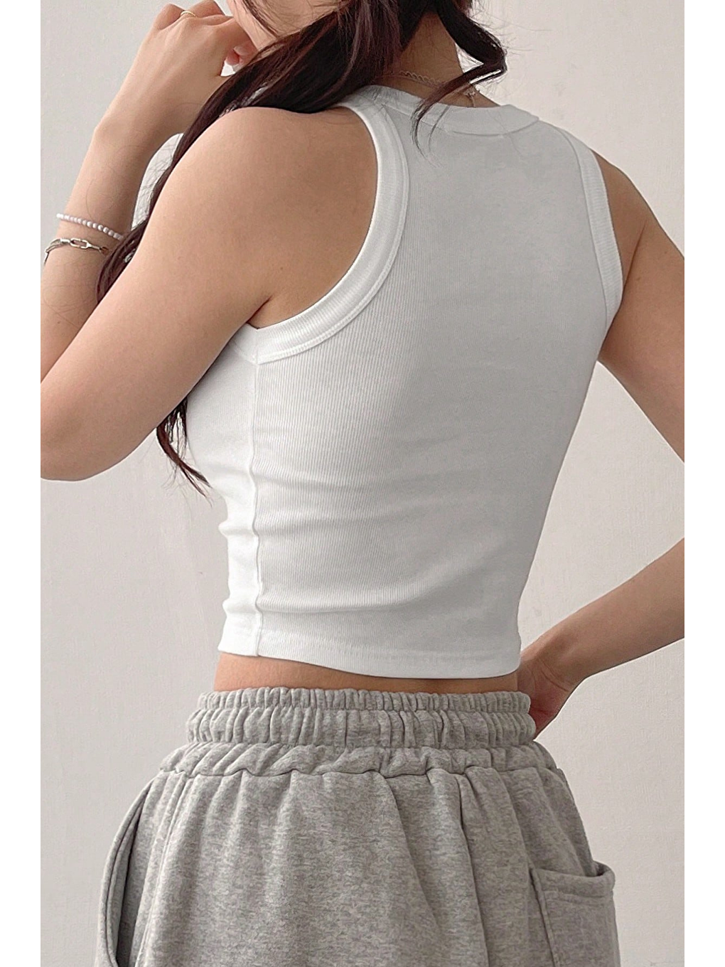 Kadın Beyaz Kaşkorse Geniş Askılı Fitilli Crop Atlet-4