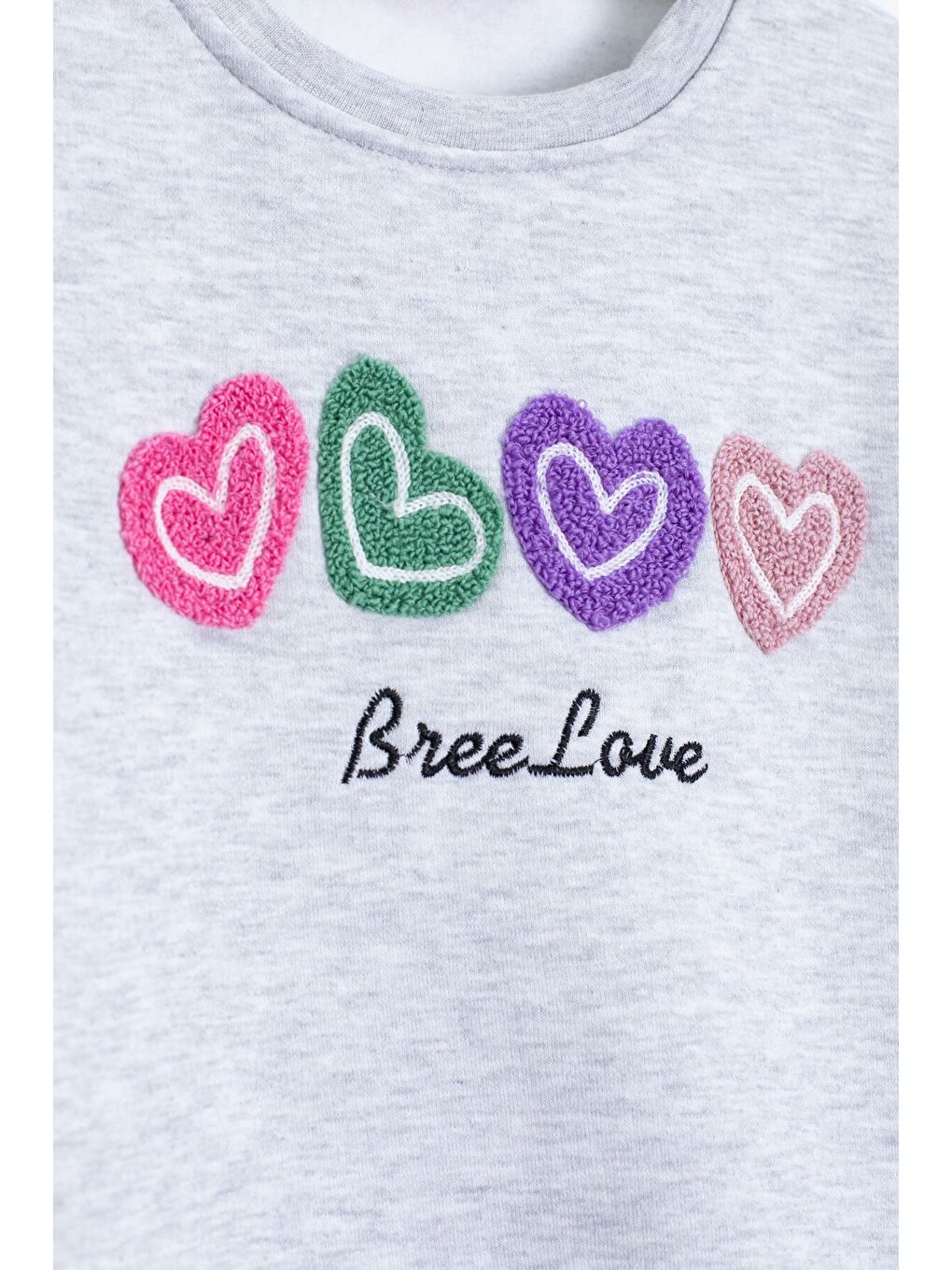 Gri Kalp Nakışlı Bisiklet Yaka Kız Çocuk Şardonlu Sweatshirt 23252-1