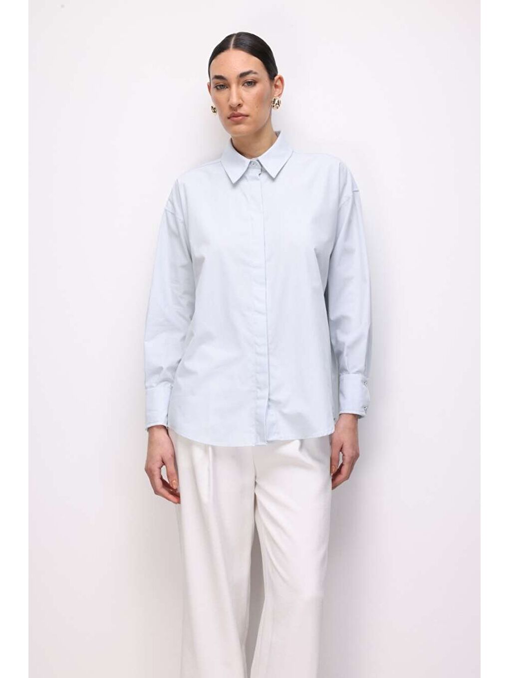 Pamuklu Mavi Oversize Gömlek-4