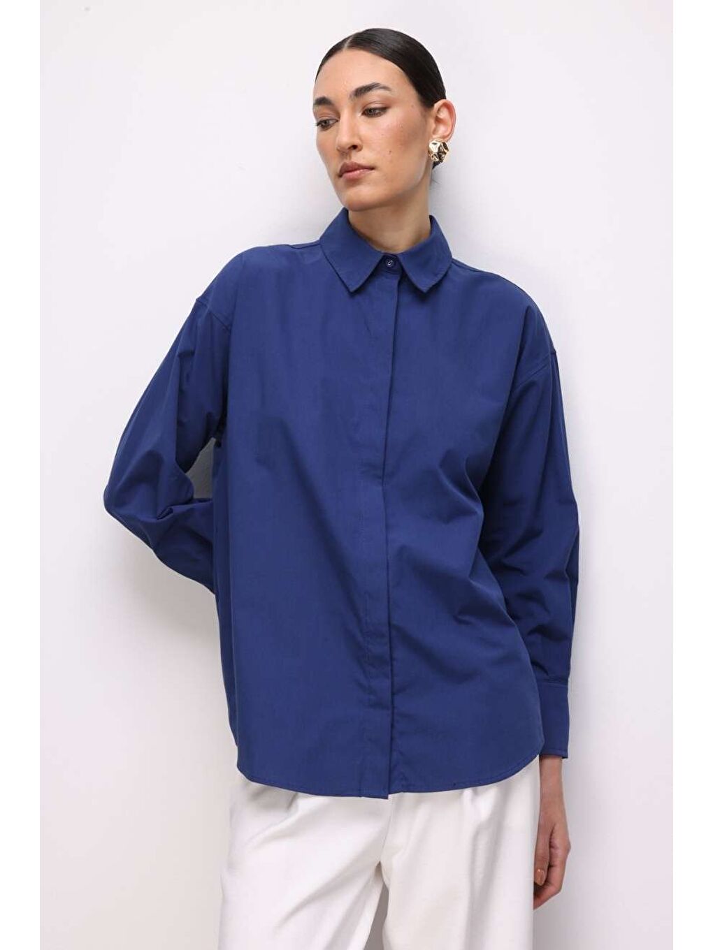 Pamuklu Lacivert Oversize Gömlek-4