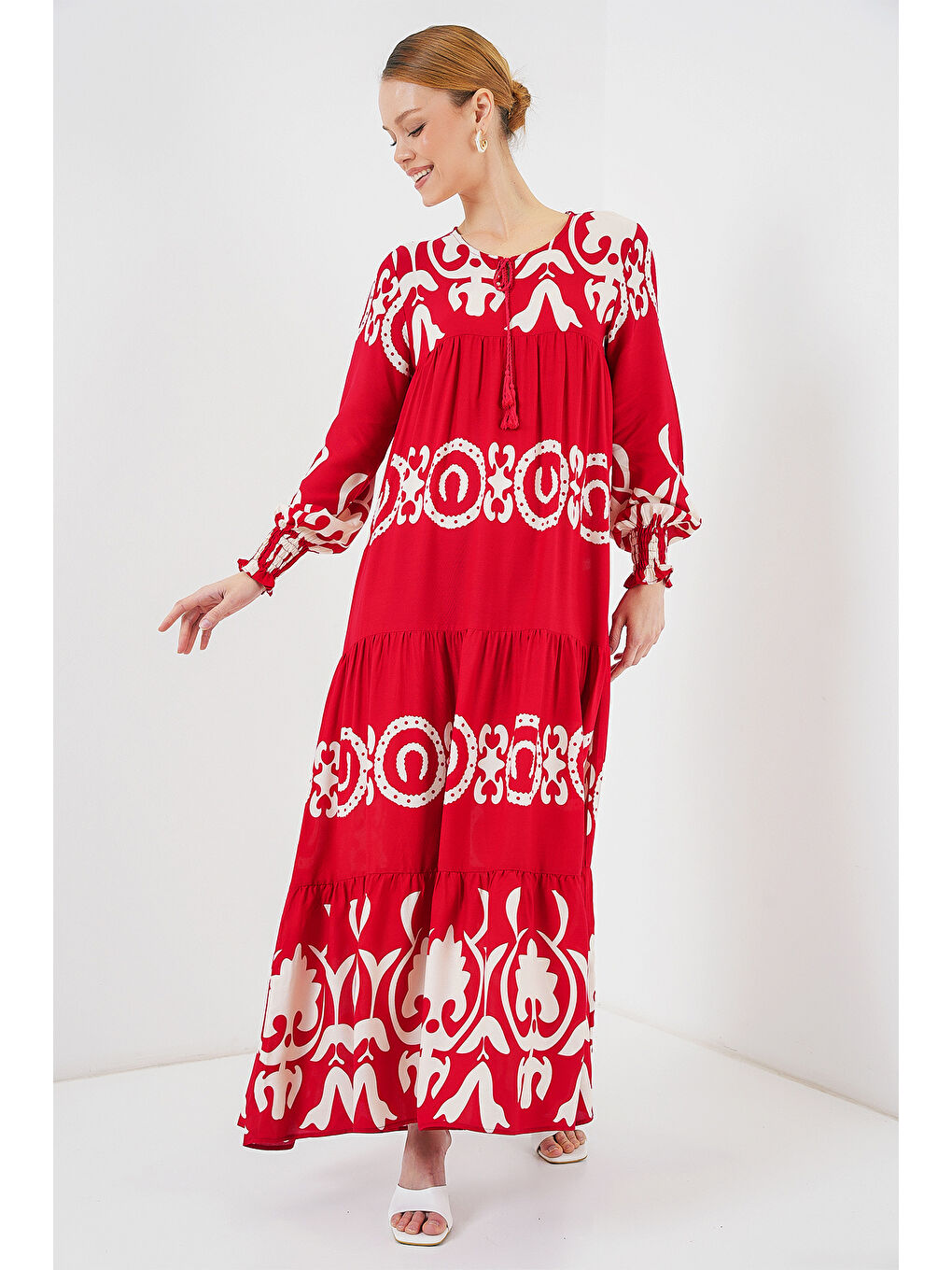 1947 Desenli Uzun Elbise - B.Kırmızı-1