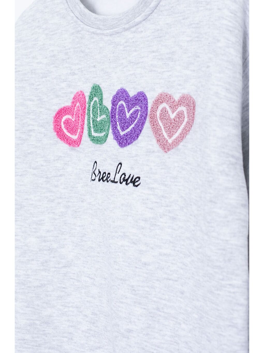 Gri Kalp Nakışlı Bisiklet Yaka Kız Çocuk Şardonlu Sweatshirt 23252-2