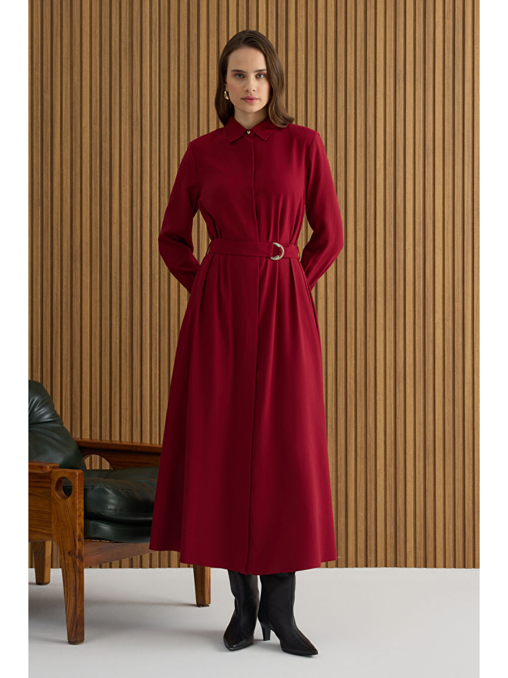 Bordo Metal Tokalı Modal Elbise-2