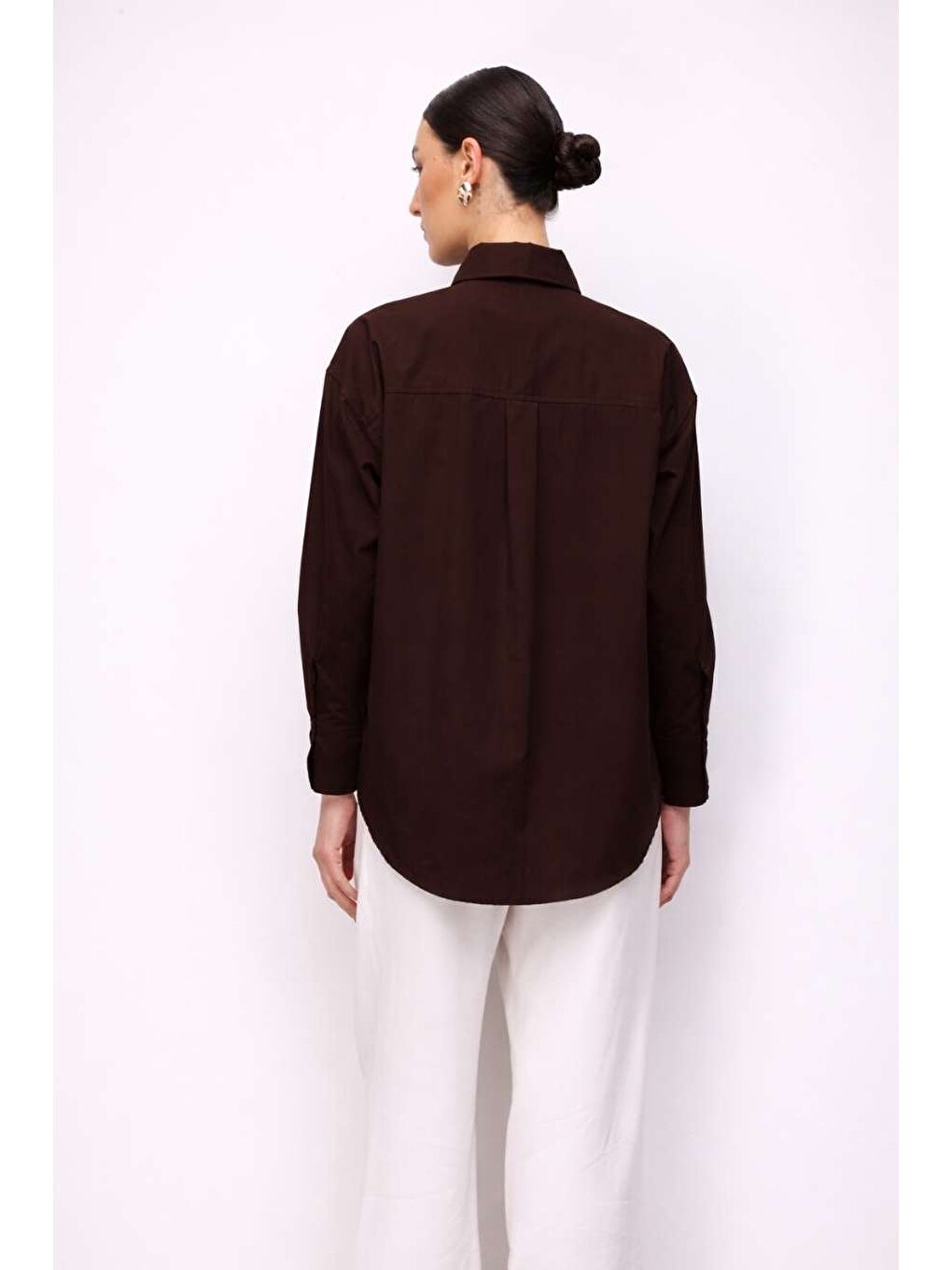 Pamuklu Kahverengi Oversize Gömlek-3