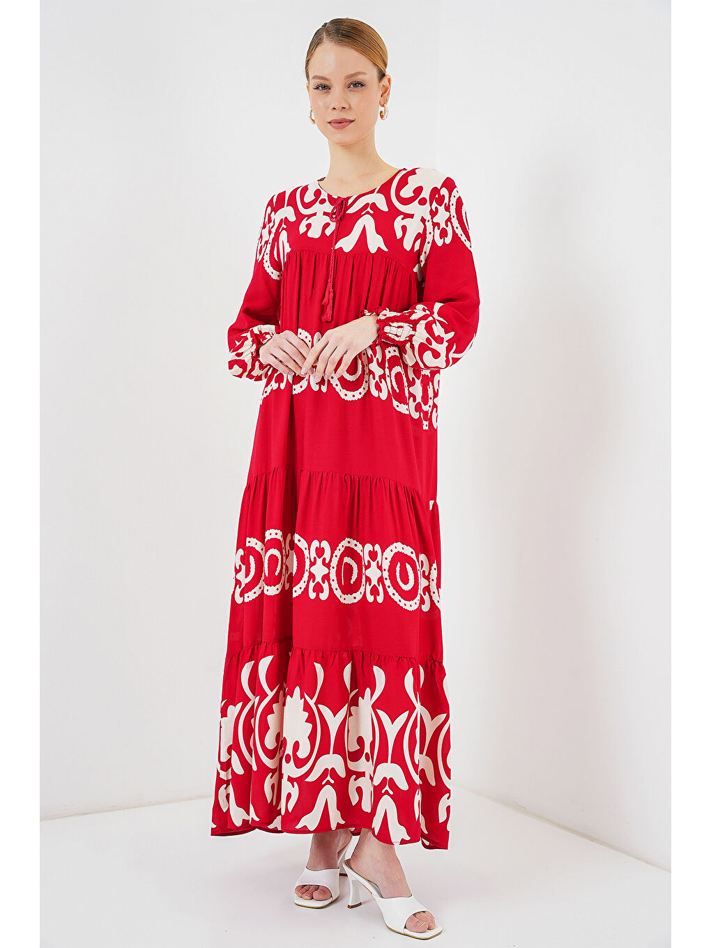 1947 Desenli Uzun Elbise - B.Kırmızı-2